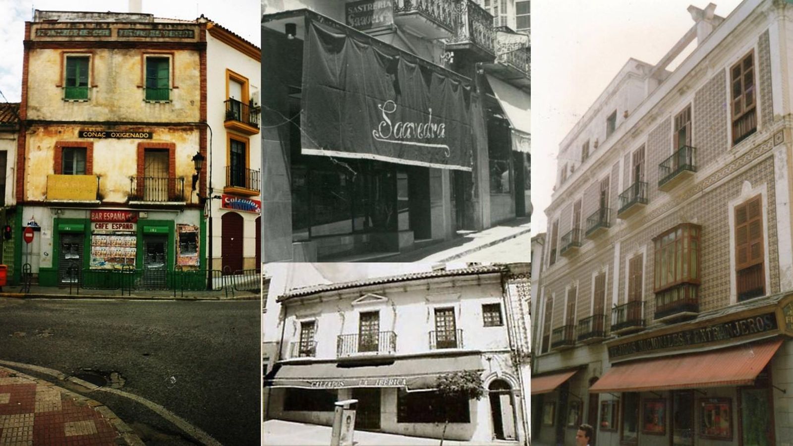 Izquierda: el café-bar España, situado en la salida de la carretera de Cádiz; centro arriba: Sastrería Saavedra; centro abajo: Zapatería la Ibérica; derecha: Bazar Fillol.