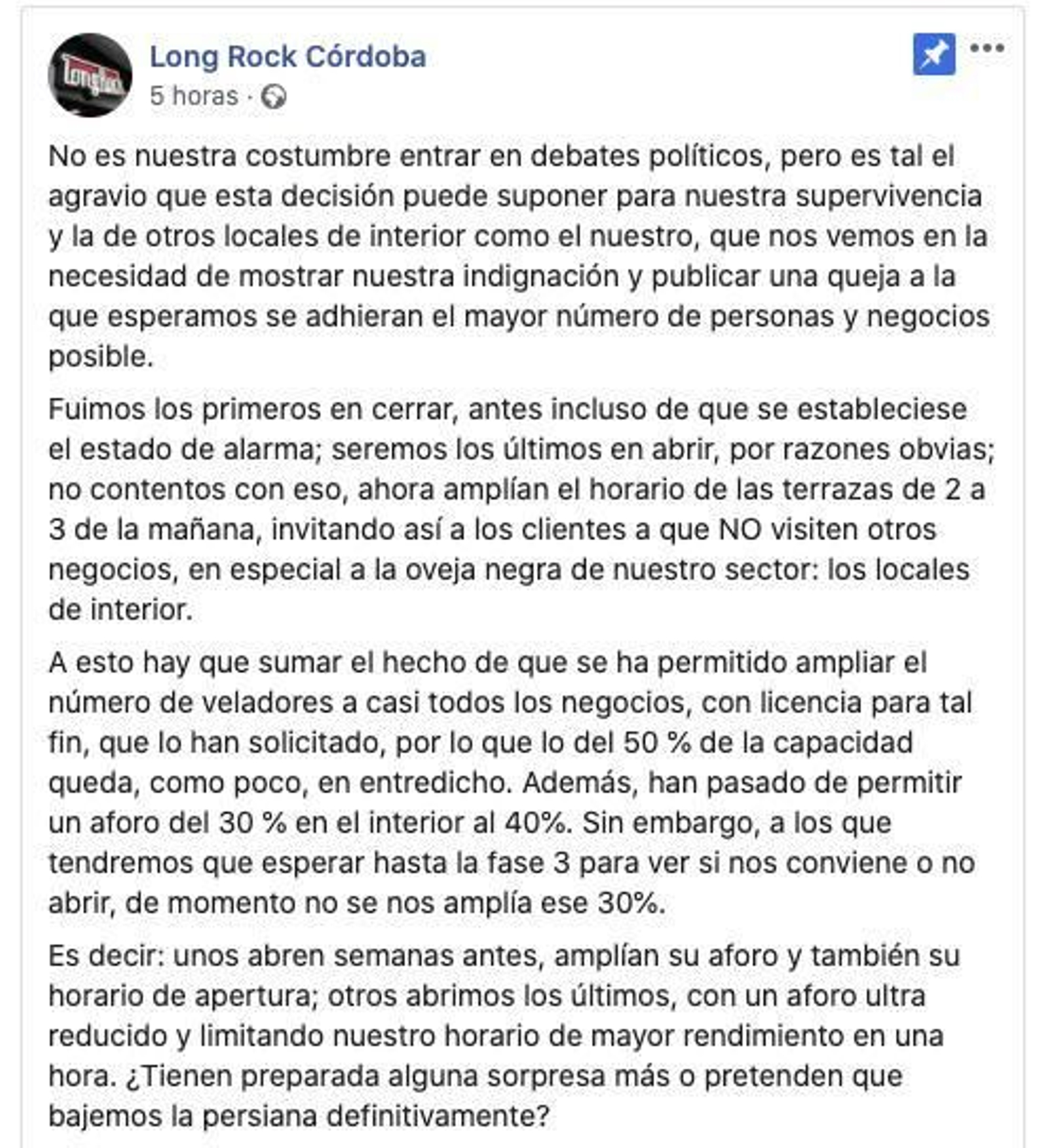 Publicación en Facebook de Long Rock.