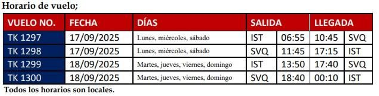 Horario del vuelo diario de Turkish con Sevilla