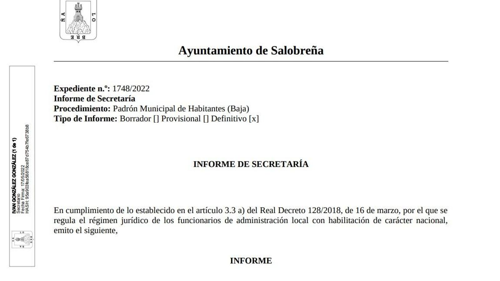 Informe del Ayuntamiento de Salobreña sobre Macarena Olona