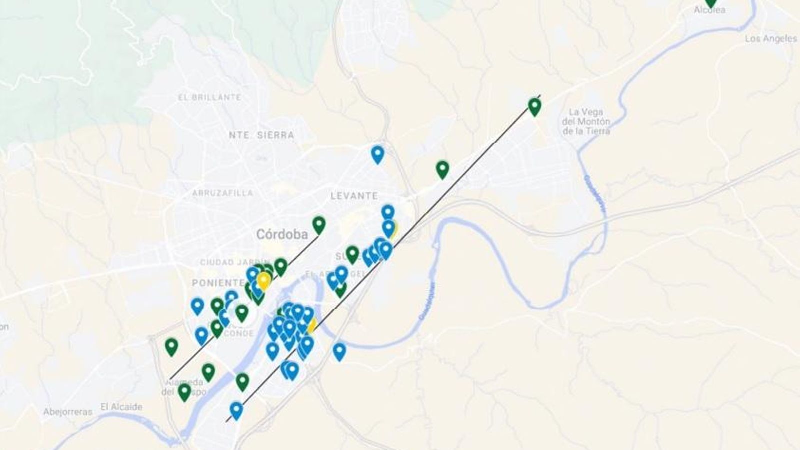 Detalle de las trayectorias que parecen dibujar los daños conocidos en la capital.