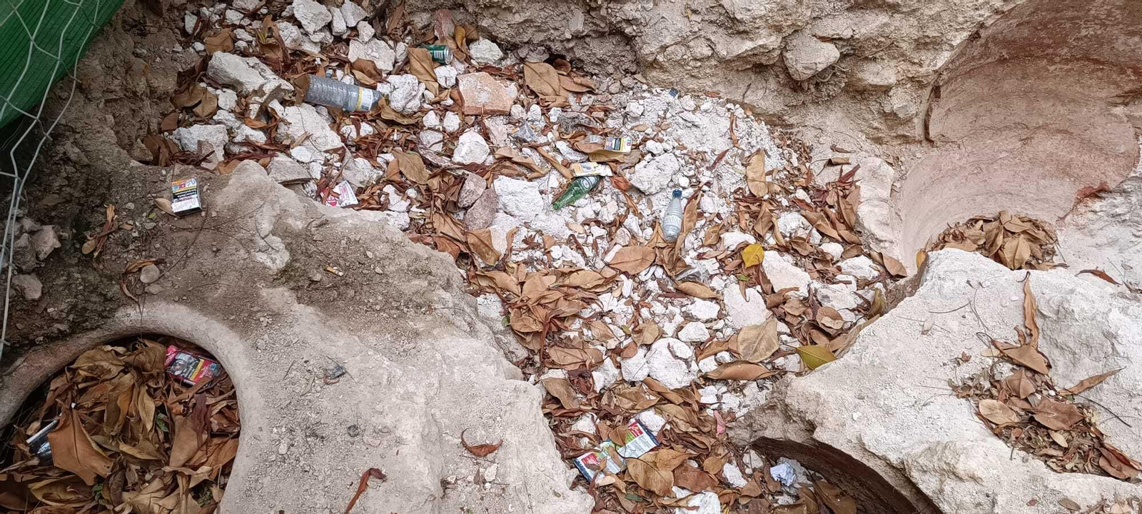 Restos de escombros, hojas y vertidos sobre las tinajas de la antigua bodega del XIX