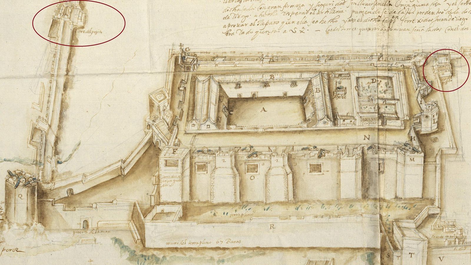 Plano del castillo fechado en 1611 señalando la “casa del pósito” del baluarte, a la derecha, y la “torre del pósito”, inserta en la muralla. Plano del castillo fechado en 1611 señalando la “casa del pósito” del baluarte, a la derecha, y la “torre del pósito”, inserta en la muralla.