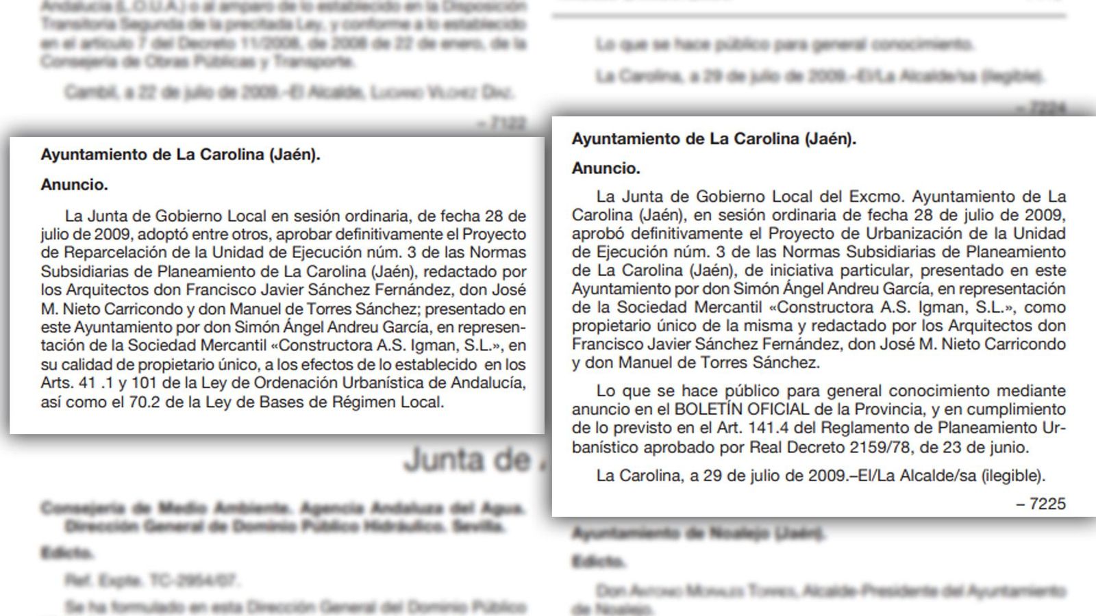 Extracto del BOP del 1 de agosto de 2009 en el que se aprueban el proyecto de reparcelación y urbanización de la zona UE-3 de La Carolina.