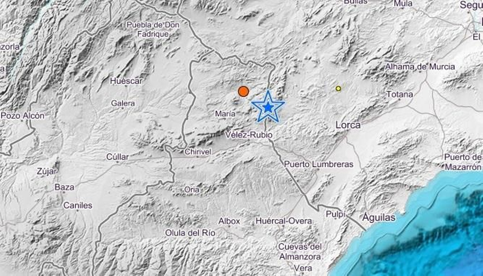 Mapa del terremoto de Los Vélez y una réplica posterior.