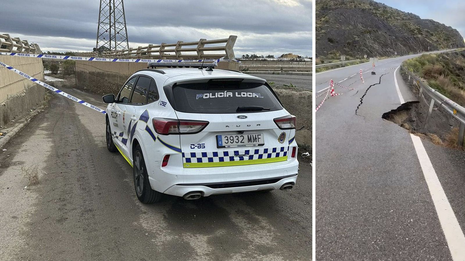 A la izquierda, carretera cortada en Almería; a la derecha, el estado de la AL-7107 en Cuevas del Almanzora.