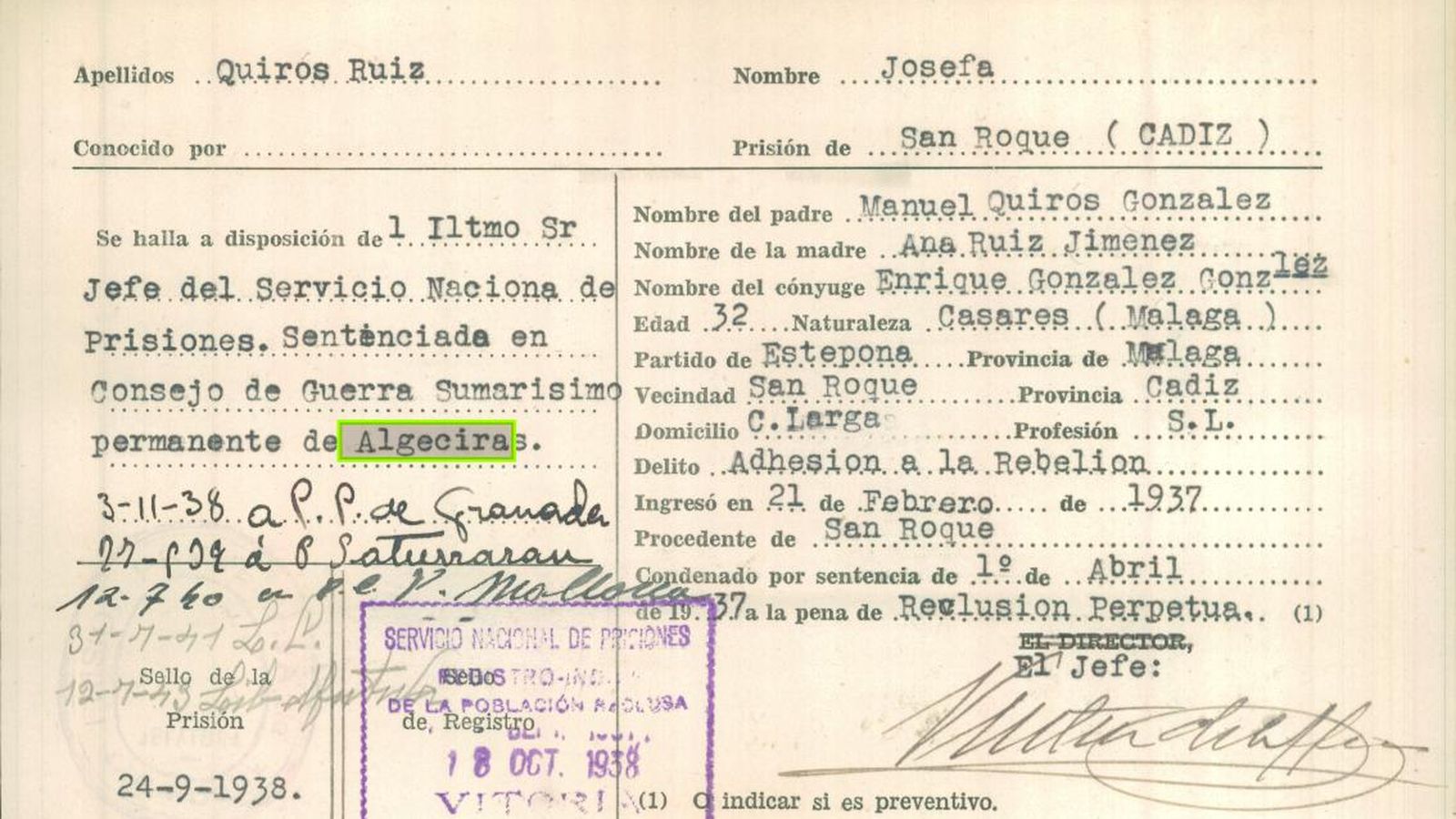 La ficha de Josefa Quirós Ruiz.