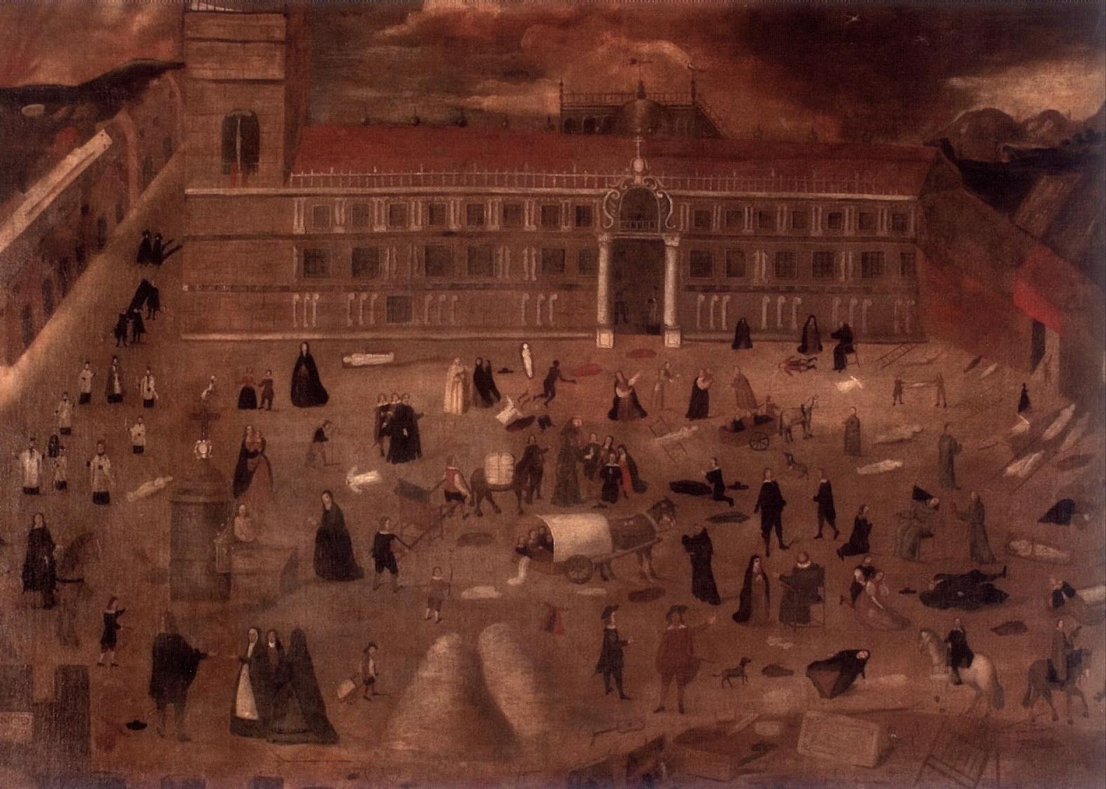 Esta obra anómina que se conserva en el Hospital del Pozo Santo de Sevilla ilustra los efectos de la epidemia de peste de 1649.