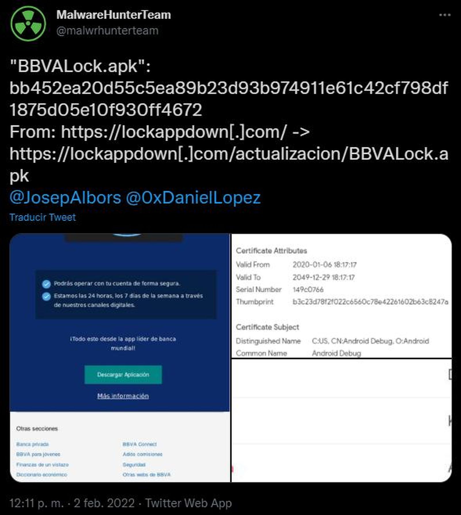 Captura de pantalla de la nueva app que suplanta a la oficial de la entidad BBVA
