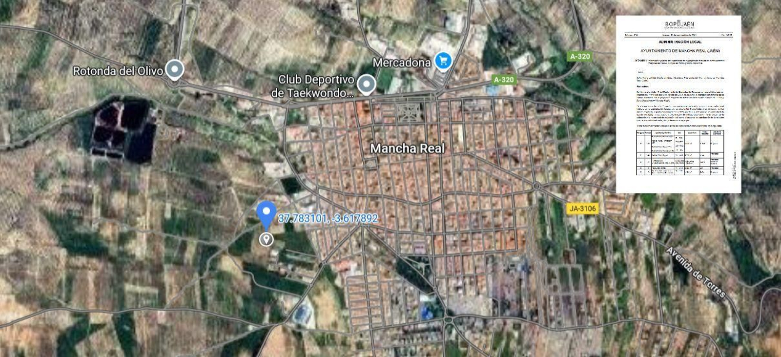 Mapa de Mancha Real con la ubicación del polígono afectado y el Boletín Oficial Provincial.