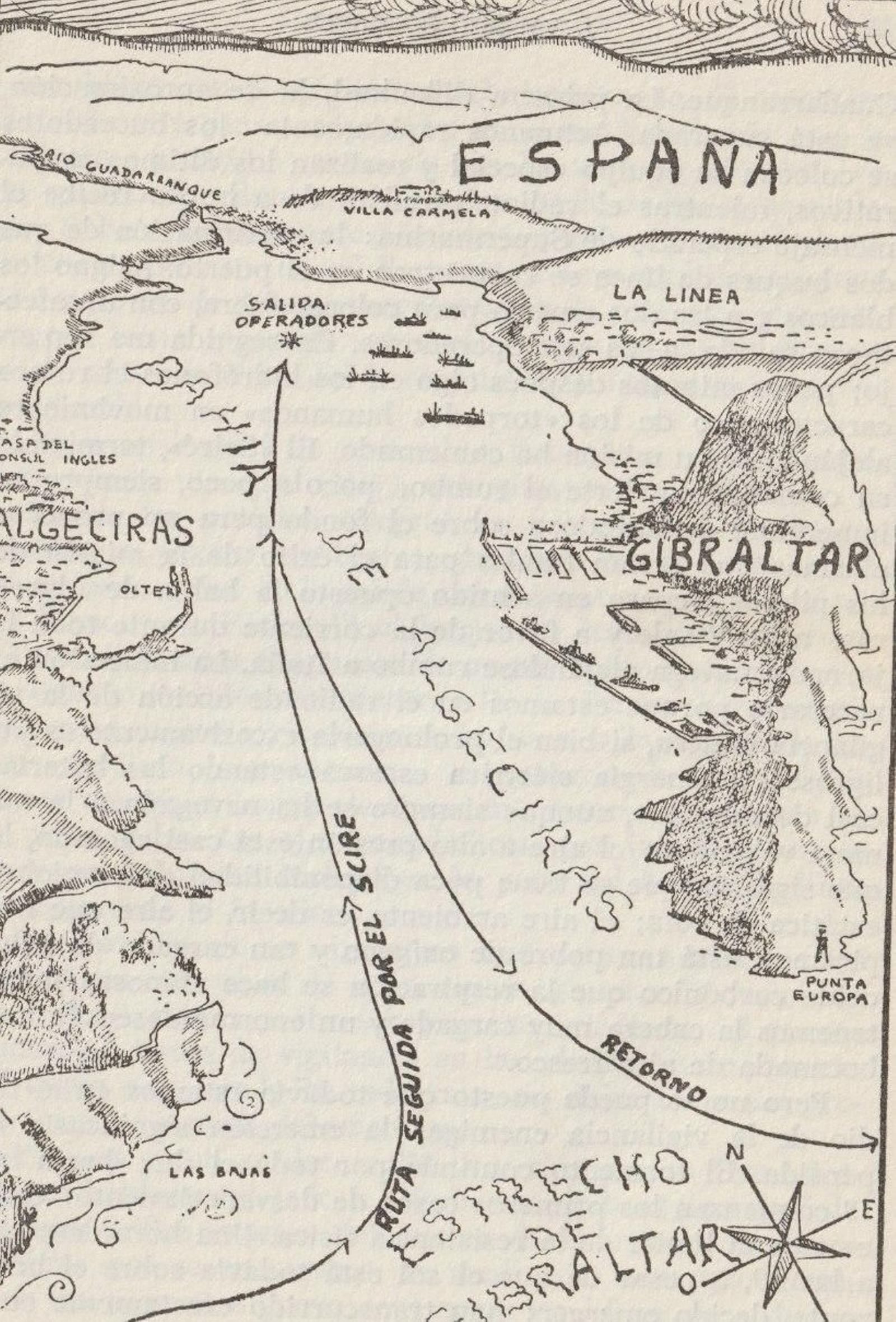 Dibujo con el que Borghese ilustró en sus memorias la maniobra de entrada en la Bahía de Algeciras.