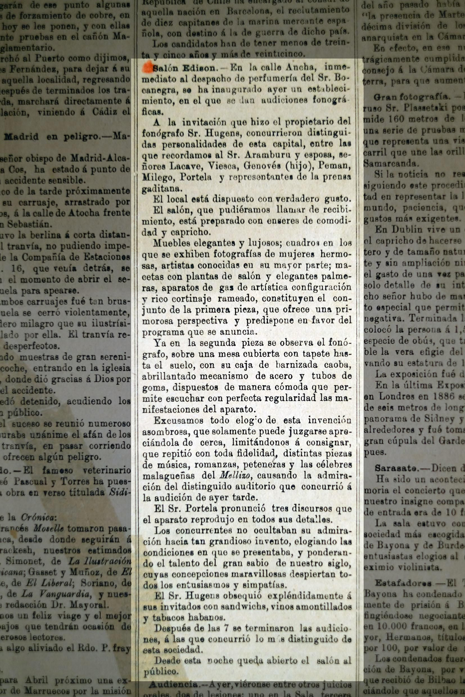 Recorte de 'Diario de Cádiz' del 21 de enero de 1894.