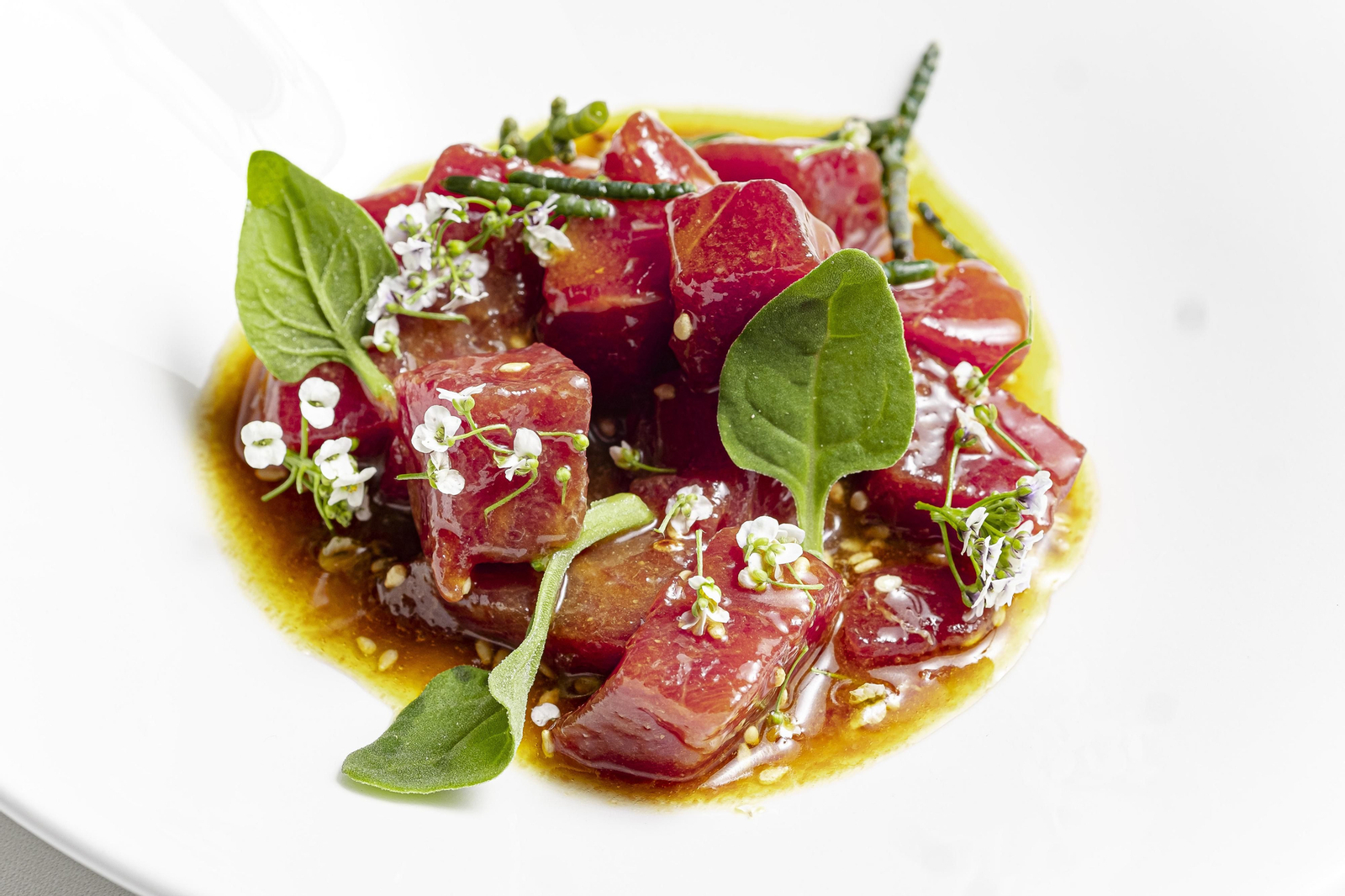 Dados de Atún Rojo salvaje marinados ligeramente picantes con Sésamo de El Faro de Cádiz.