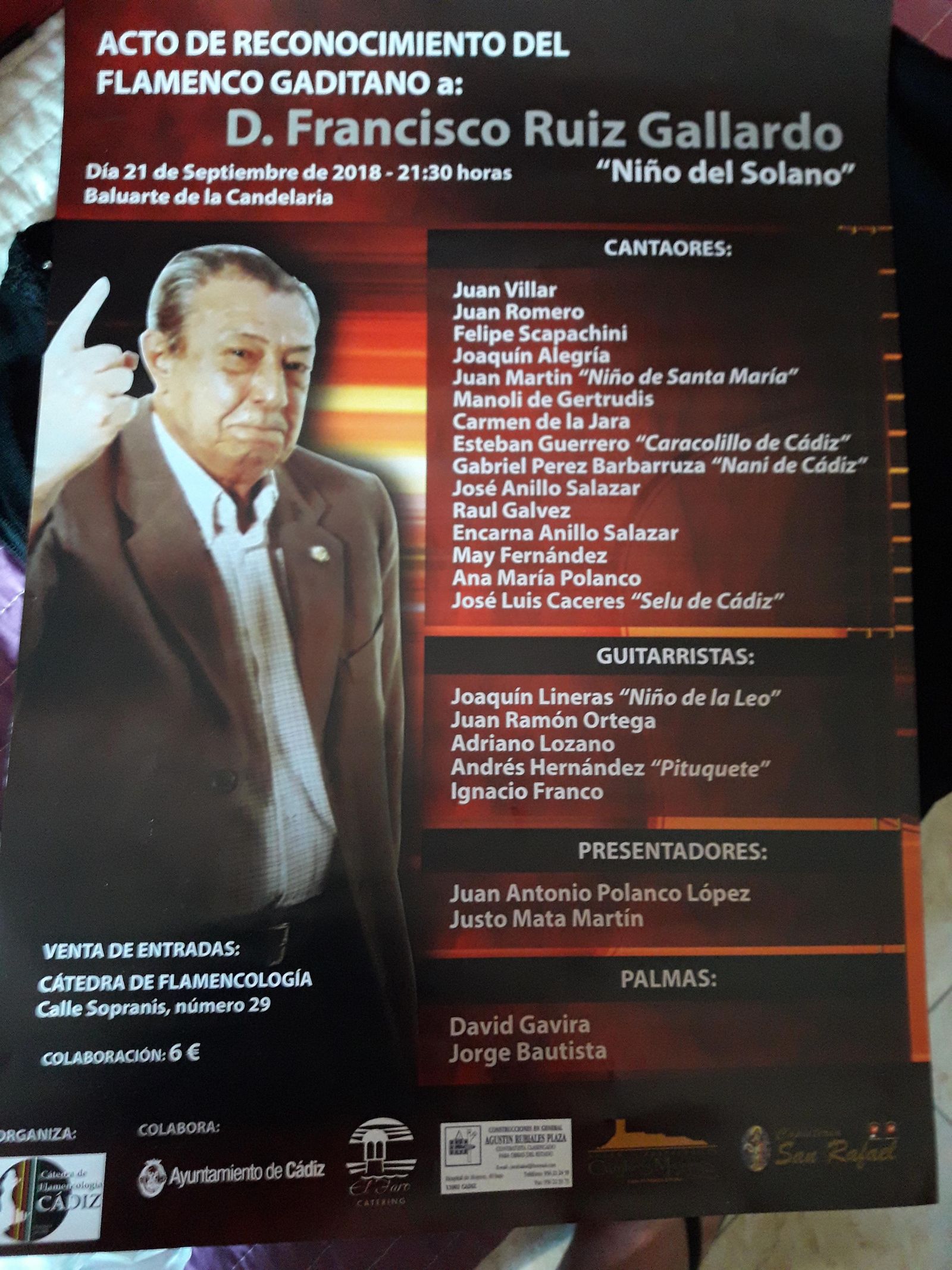 El cantaor Paco del Solano, en la imagen que preside el cartel de su homenaje.