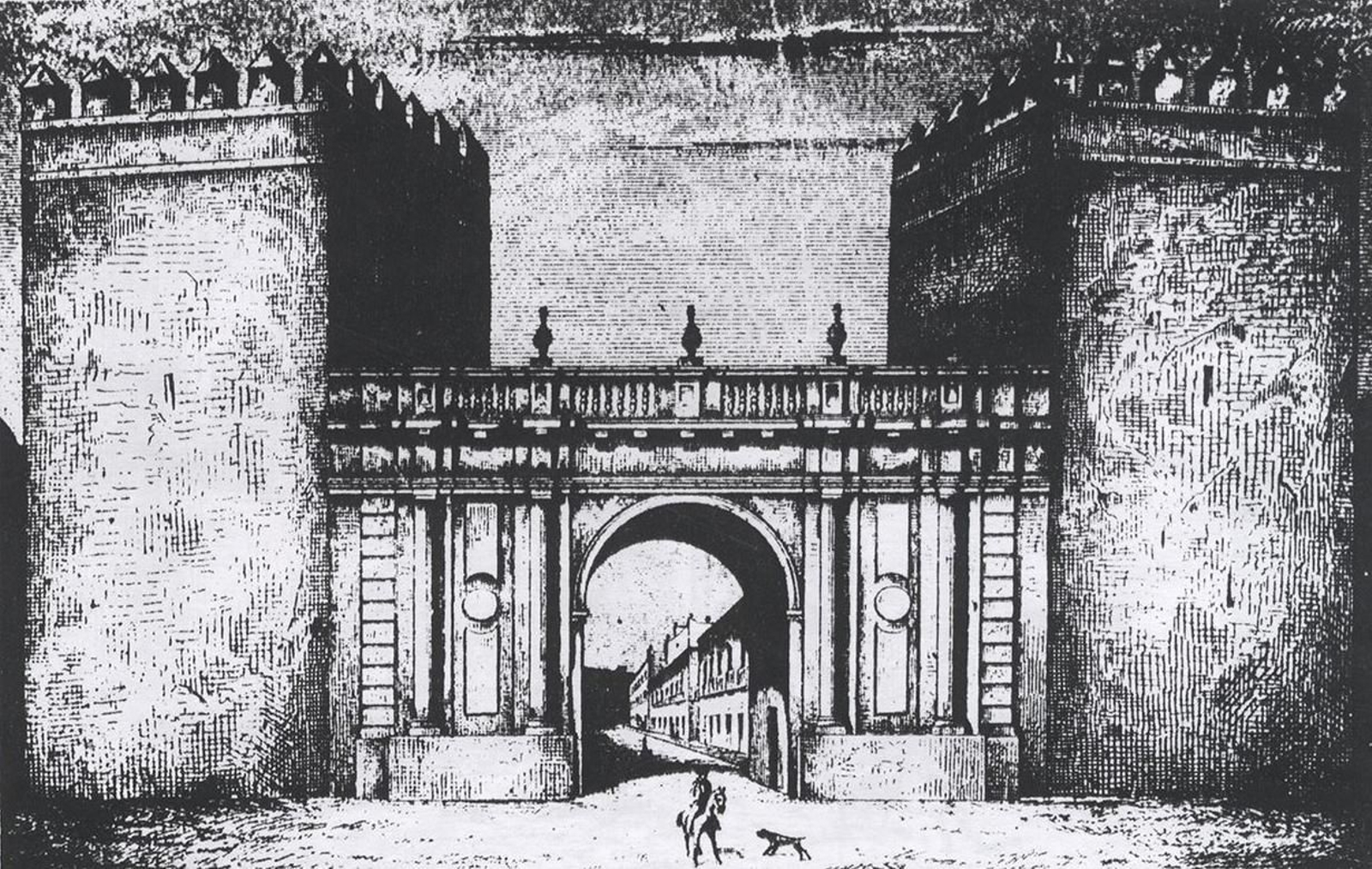 Exterior de la Puerta Nueva o de San Fernando. En: Tovar, B. (1878). Las Puertas de Sevilla. Sevilla: Colegio Oficial de Aparejadores y Arquitectos Técnicos de Sevilla.