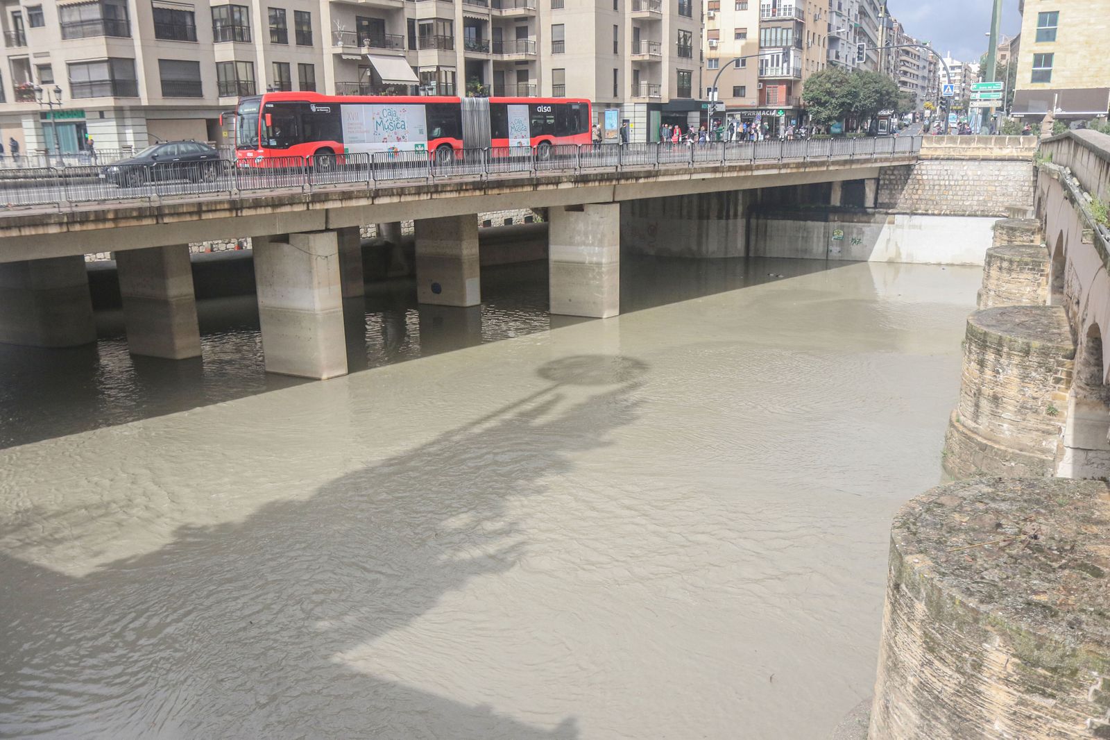 Río Genil a su paso por Granada este fin de semana durante la borrasca Louis