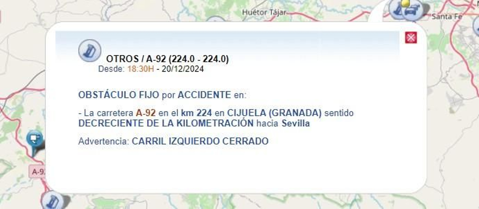 Mensaje de la DGT alertando del accidente.