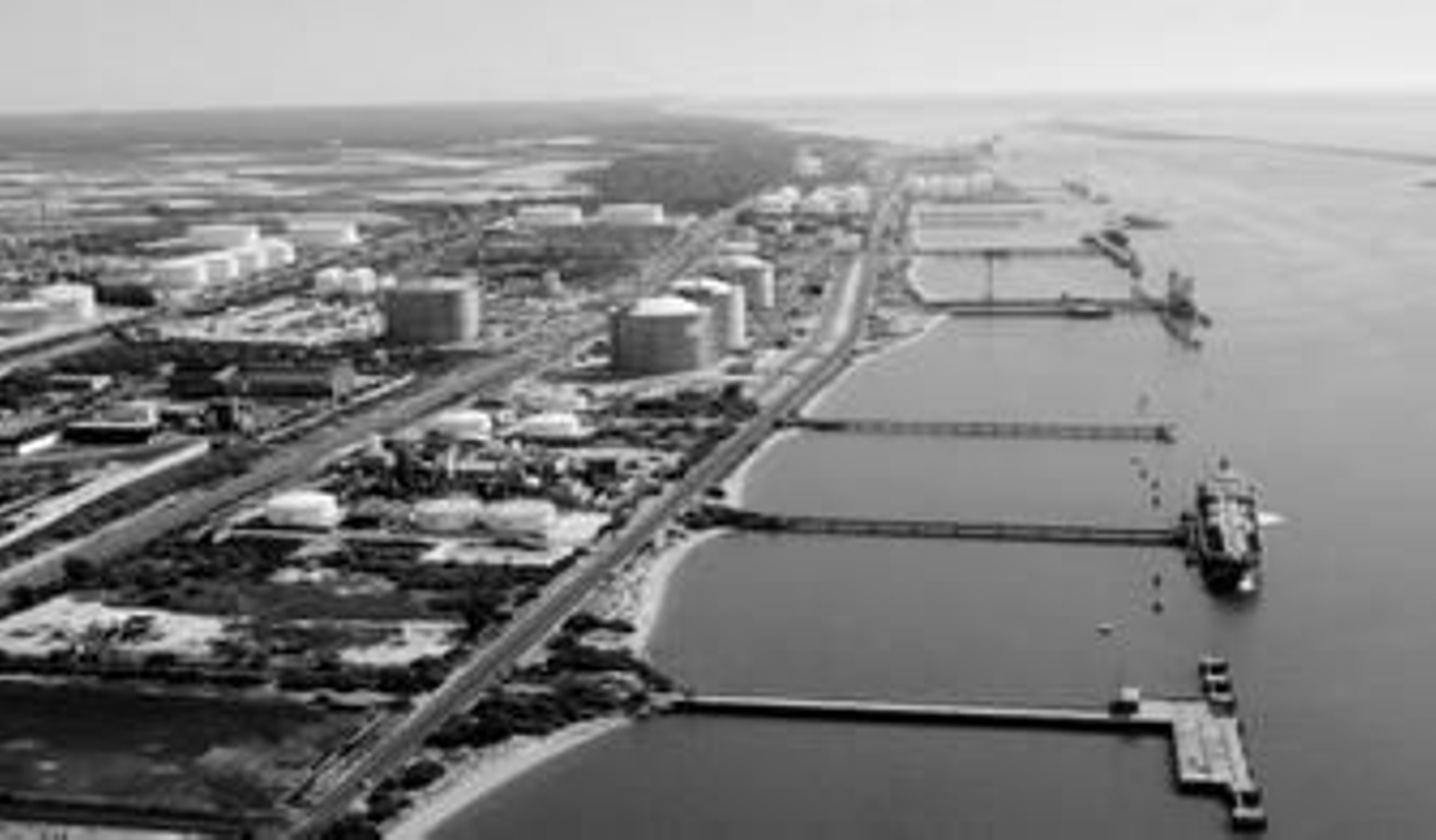 Pantalanes de carga y descarga en el Puerto Exterior. El segundo de ellos, con un barco cargando, es el de Atlantic Copper. Al principio del mismo, los tanques de almacenamiento.