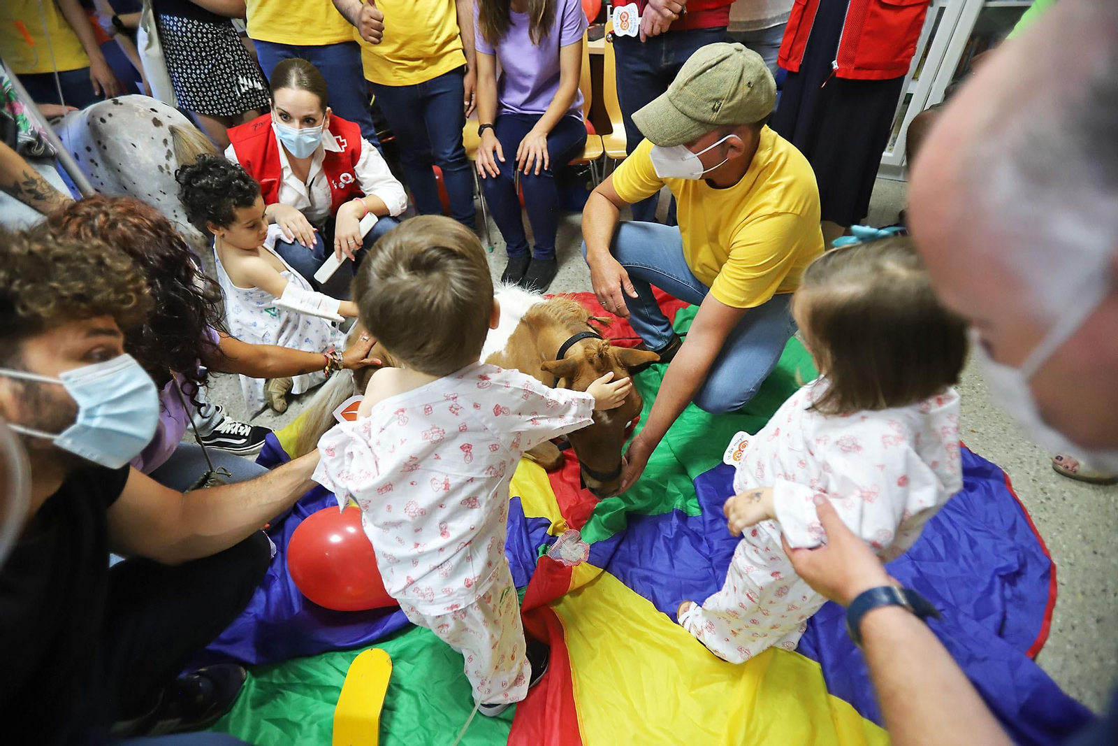 Los niños hospitalizados en el Juan Ramón Jiménez reciben la inesperada visita de unos caballos