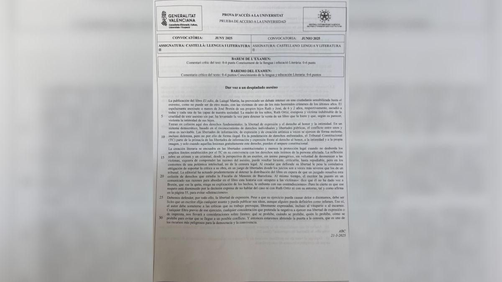 La polémica por el libro de José Bretón se cuela en la Selectividad de la Comunidad Valenciana