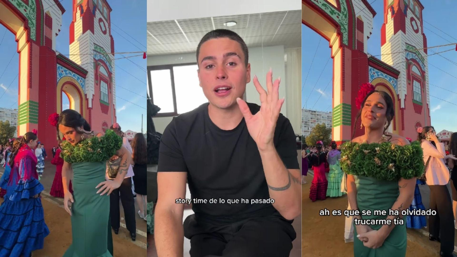 Paco Abreu, ataviado con traje de flamenca frente a la Portada.