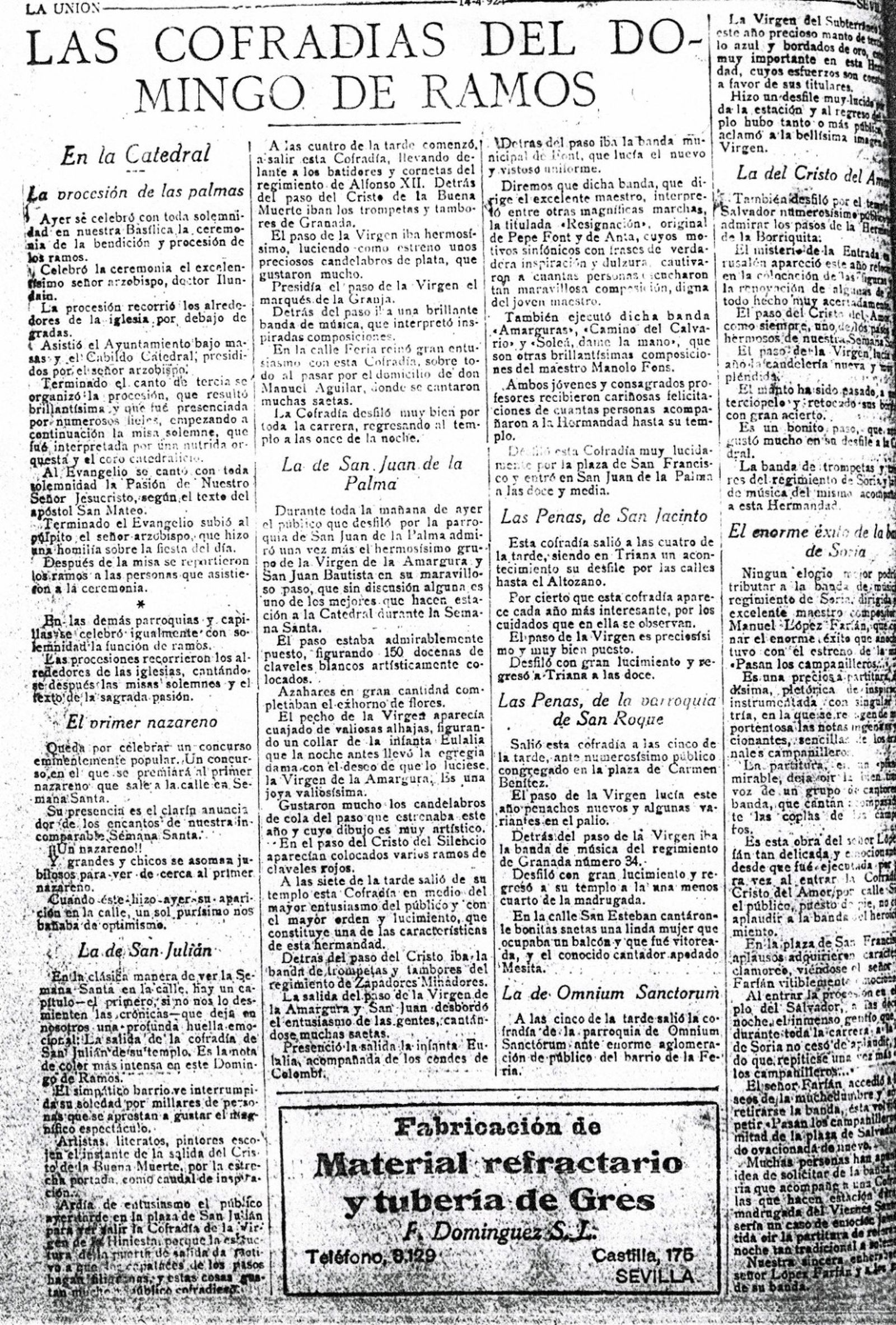 Recorte de prensa en el que se narra el estreno de los campanilleros