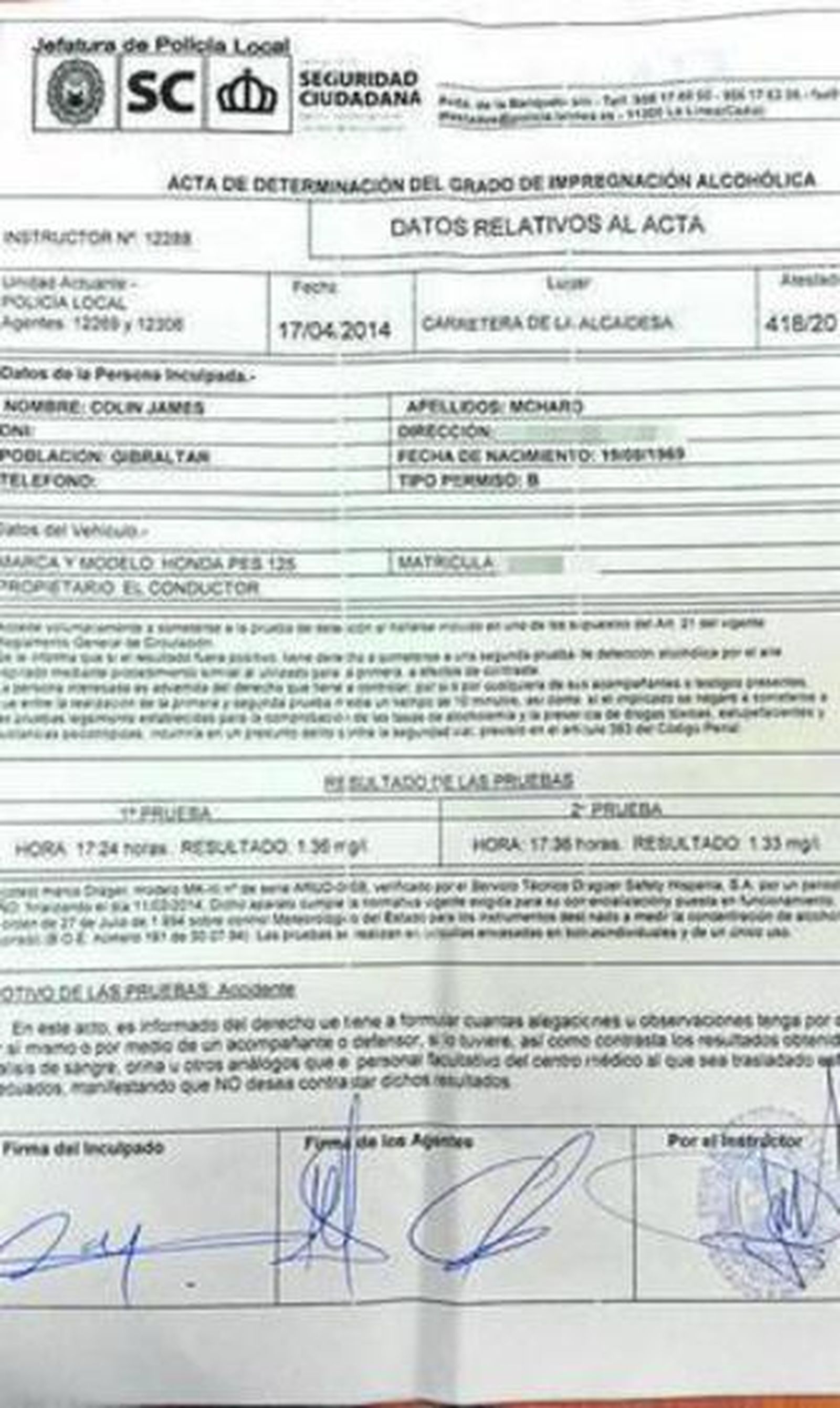 Imágenes del acta y de la cédula de citación del agente gibraltareño.