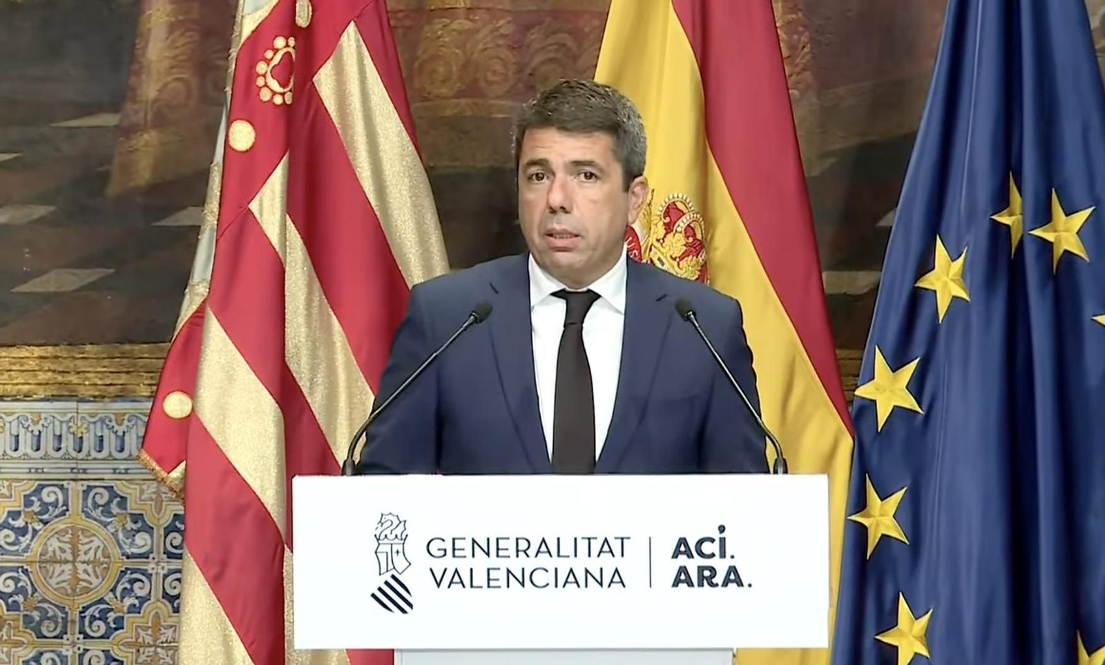 Carlos Mazón, durante su comparecencia institucional en el aniversario de la dana de Valencia.