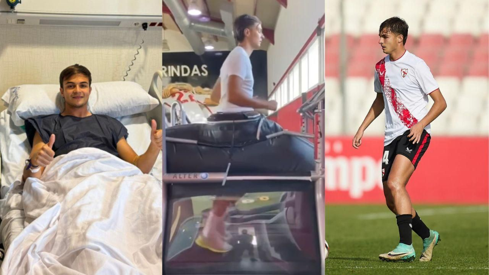 Lulo Dasilva, durante su proceso de recuperación; a la derecha, una foto de la pasada temporada jugando con el filial hispalense.