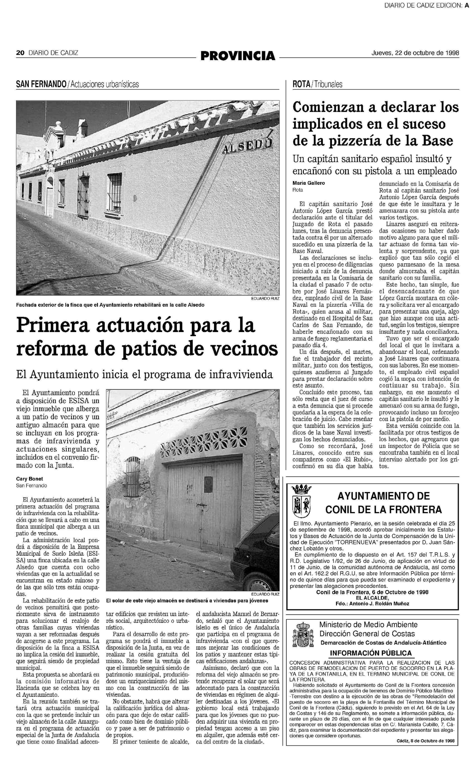 El Ayuntamiento de San Fernando anuncia la intervención en el patio de vecinos de la calle Alsedo, en 1998.