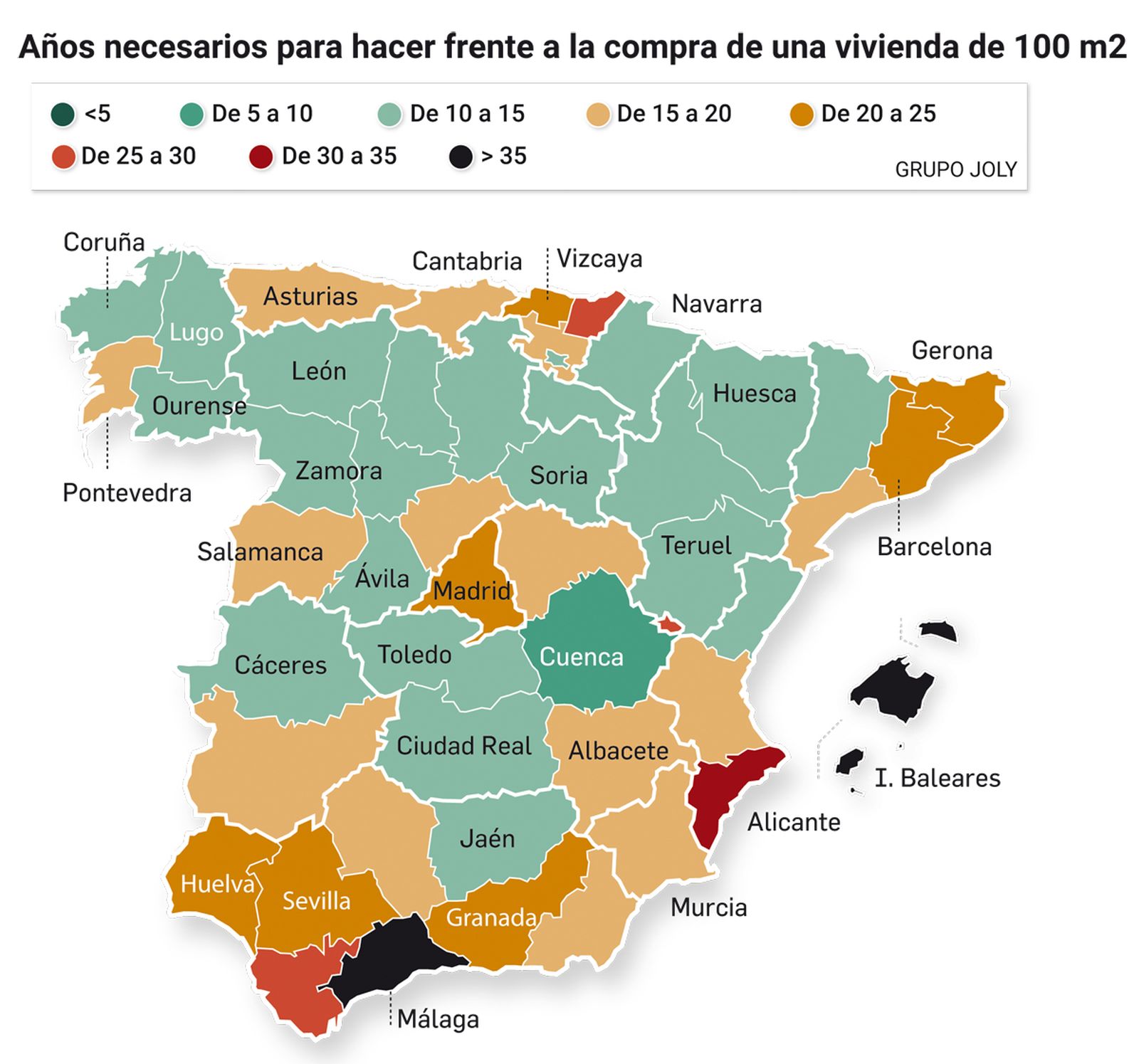 Años necesarios para comprar una vivienda de 100 m² destinando el 40% de los ingresos anuales en España (Fuente: ESPON)