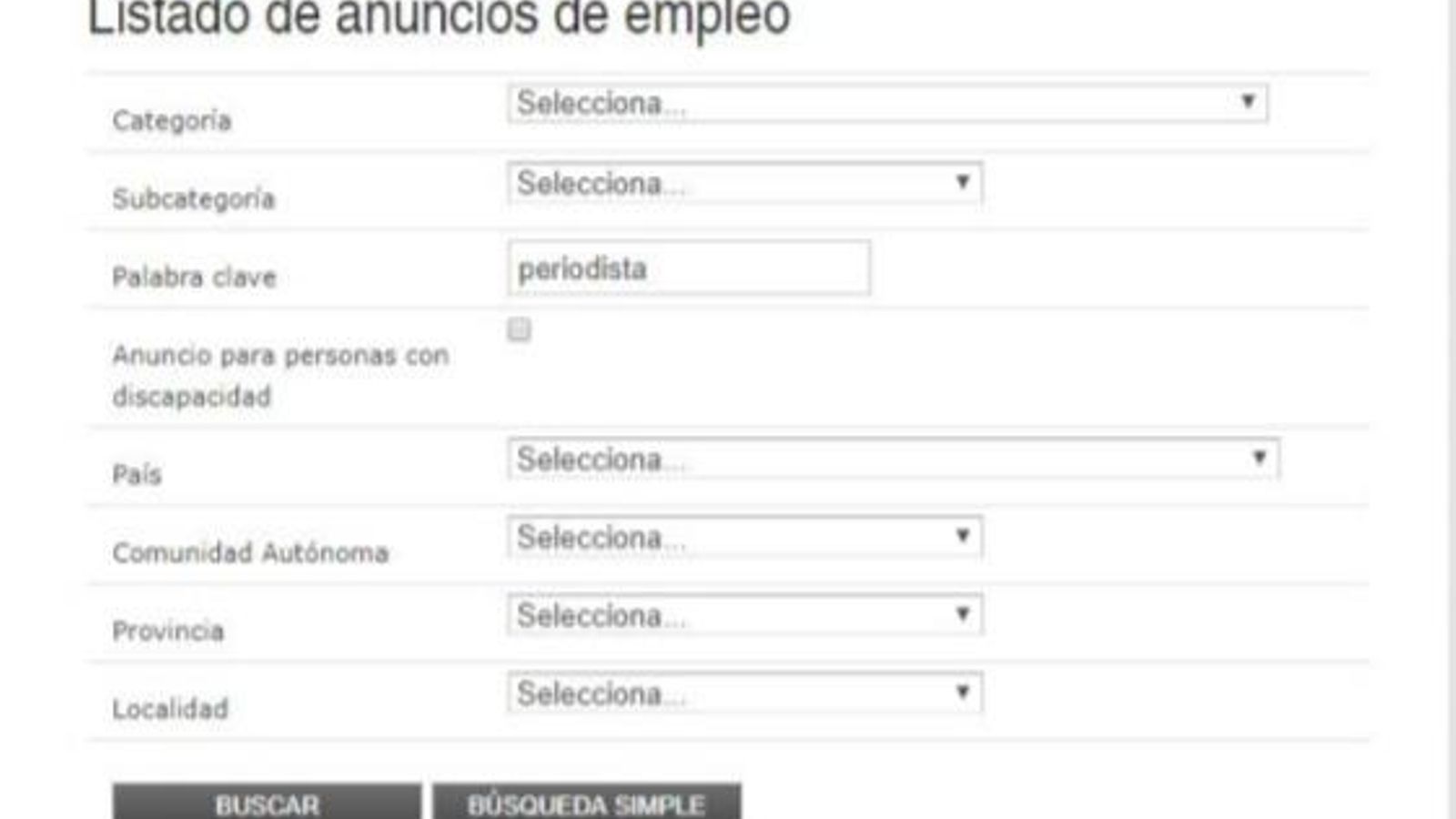 Listado de anuncios de empleo.