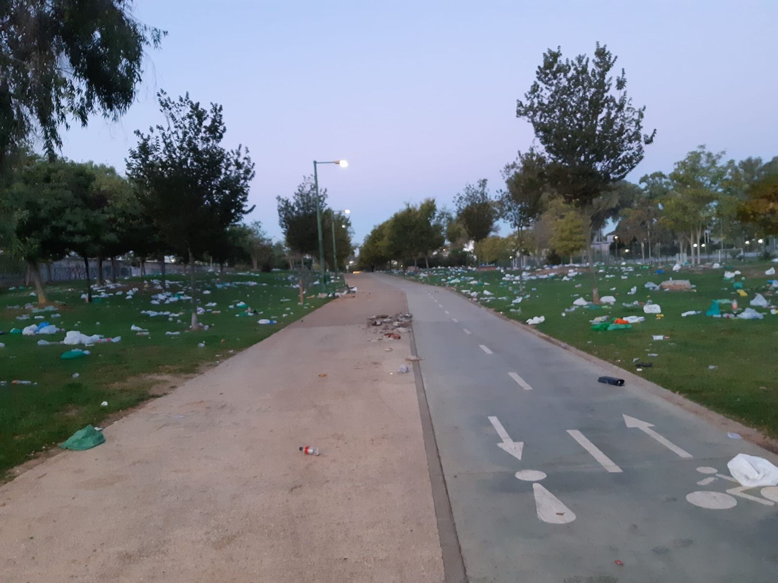 Restos de basura en el Parque de Guadaira la mañana despues del derbi.