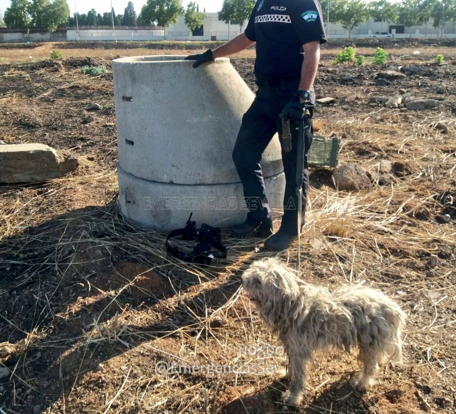 Un policía local junto al perro tras ser rescatado.
