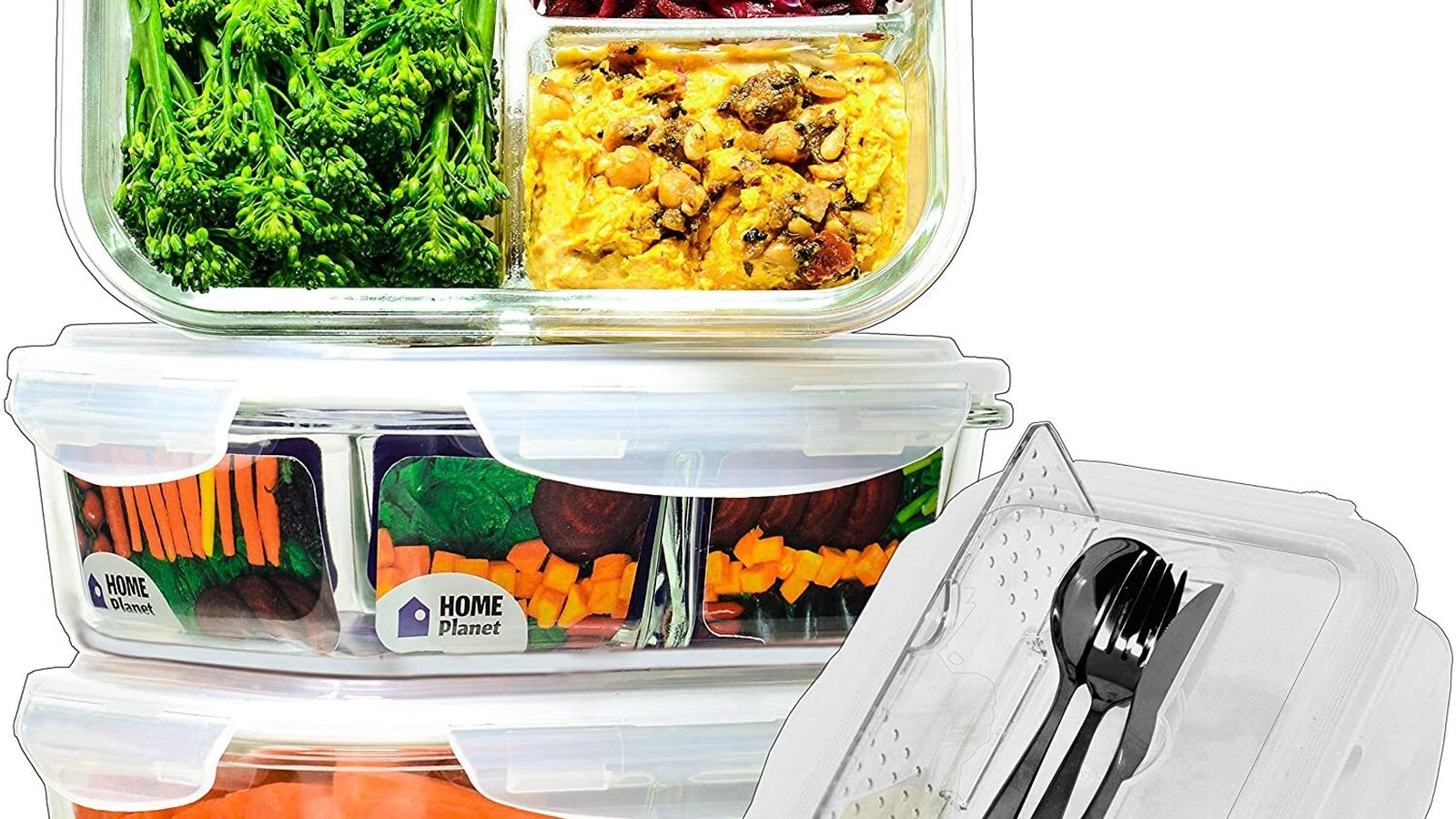 Recipientes de Cristal para Alimentos con 3 Compartimentos y Cubiertos