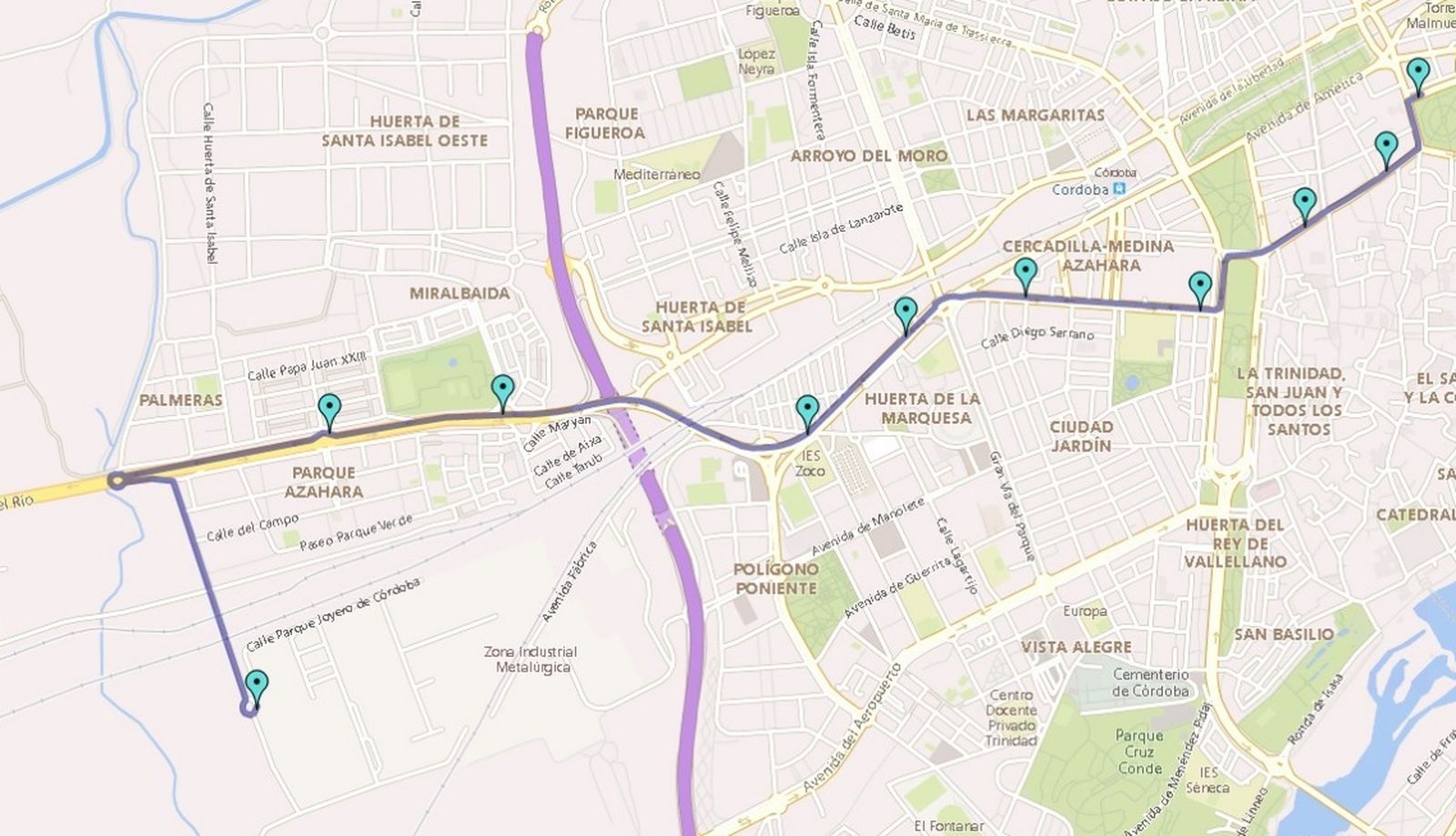 Recorrido de la línea especial al Centro de Convenciones en sentido ida.