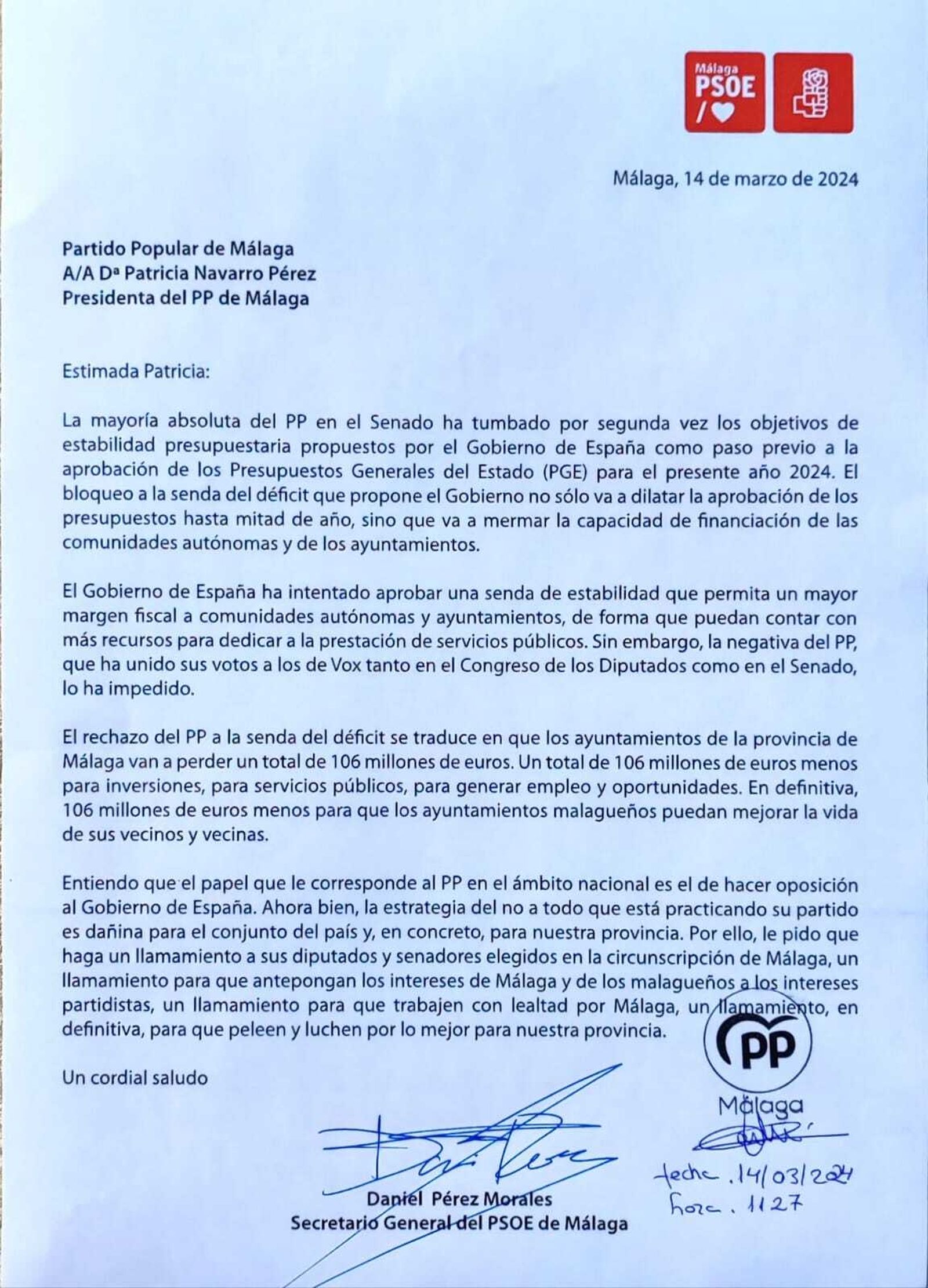 Carta que Pérez ha enviado a Navarro.