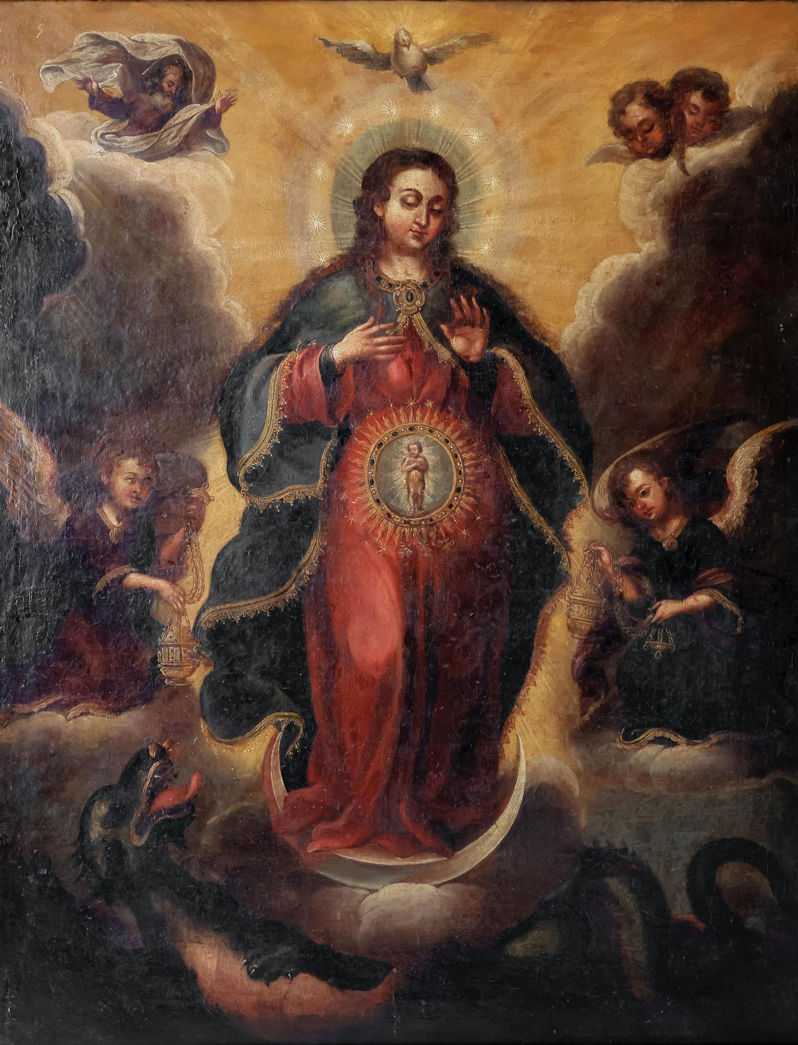 En el lienzo confluyen diversas iconografías añadidas como la Inmaculada Concepción