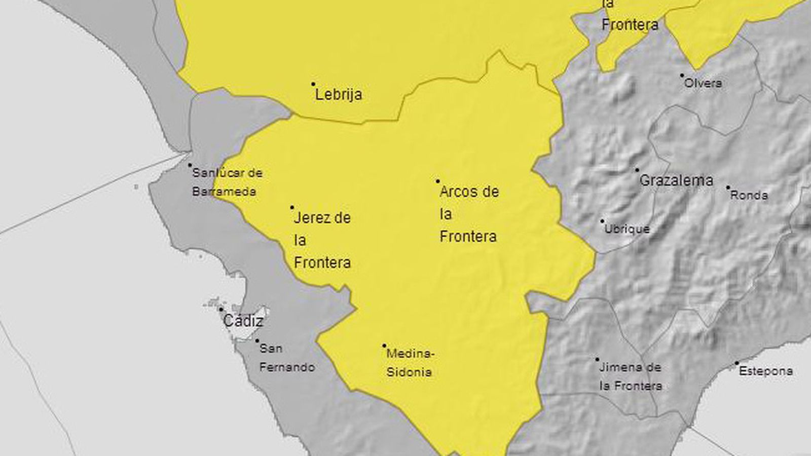 En amarillo, la zona en la que se ha activado la alerta por altas temperaturas