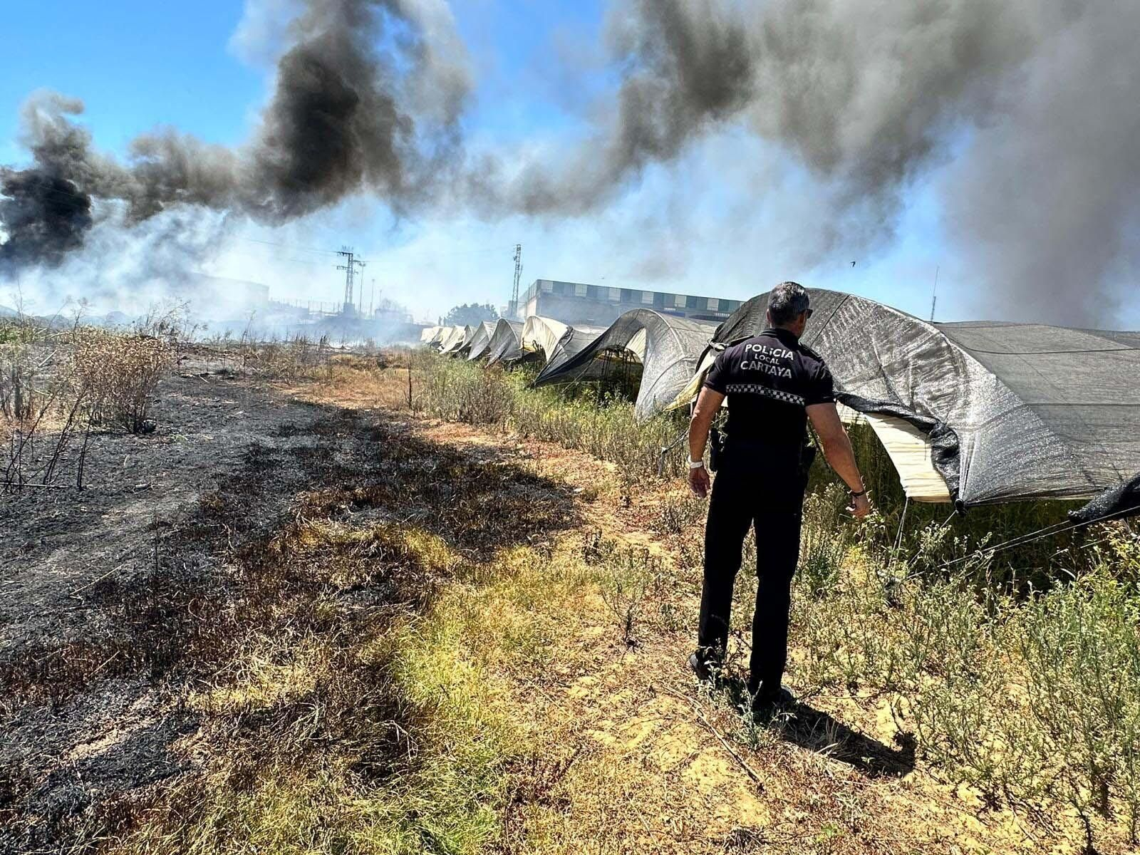 Las imágenes del aparatoso fuego que ha arrasado un vivero en Cartaya