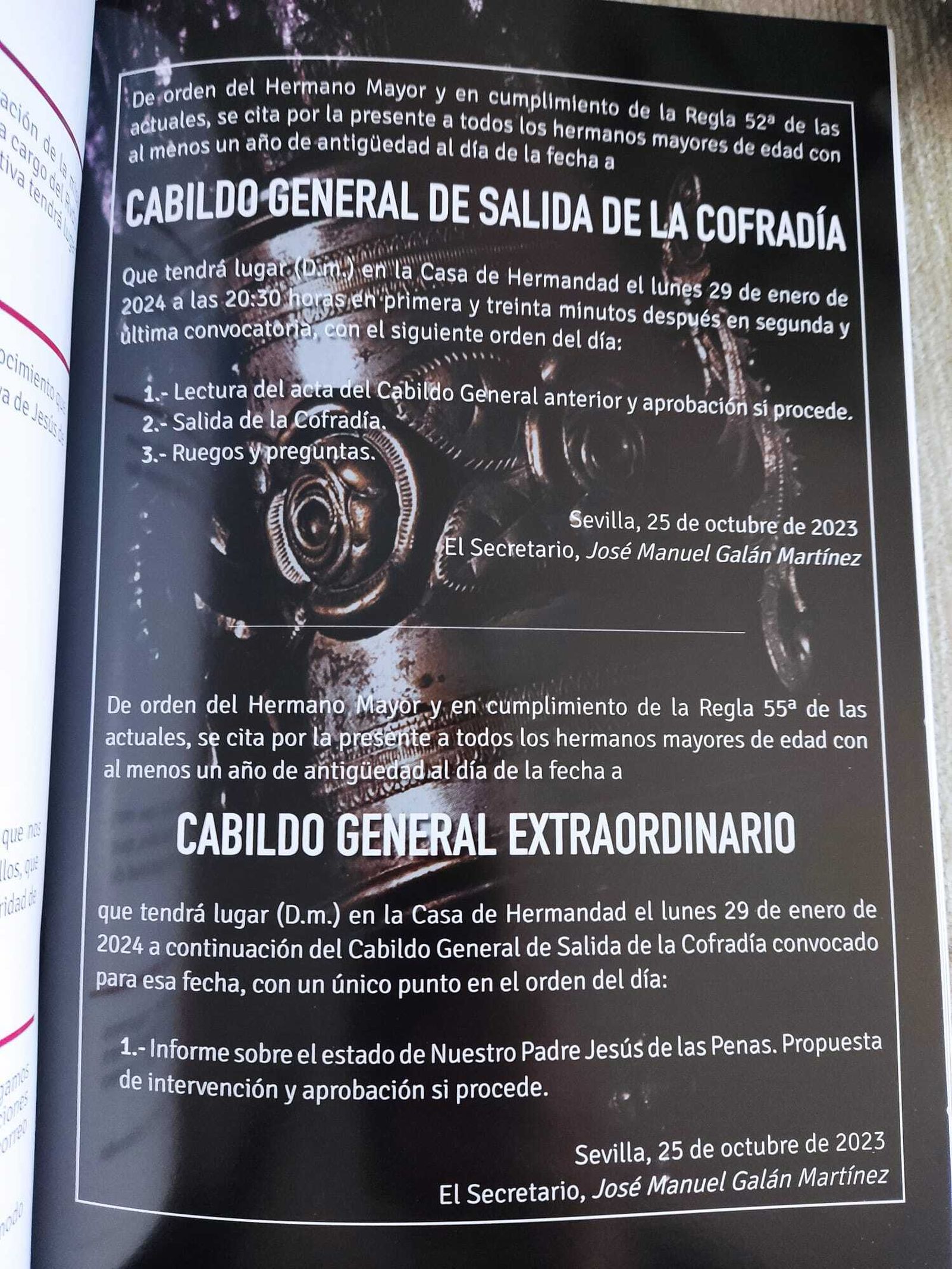 Convocatoria a los hermanos en el boletín de la hermandad