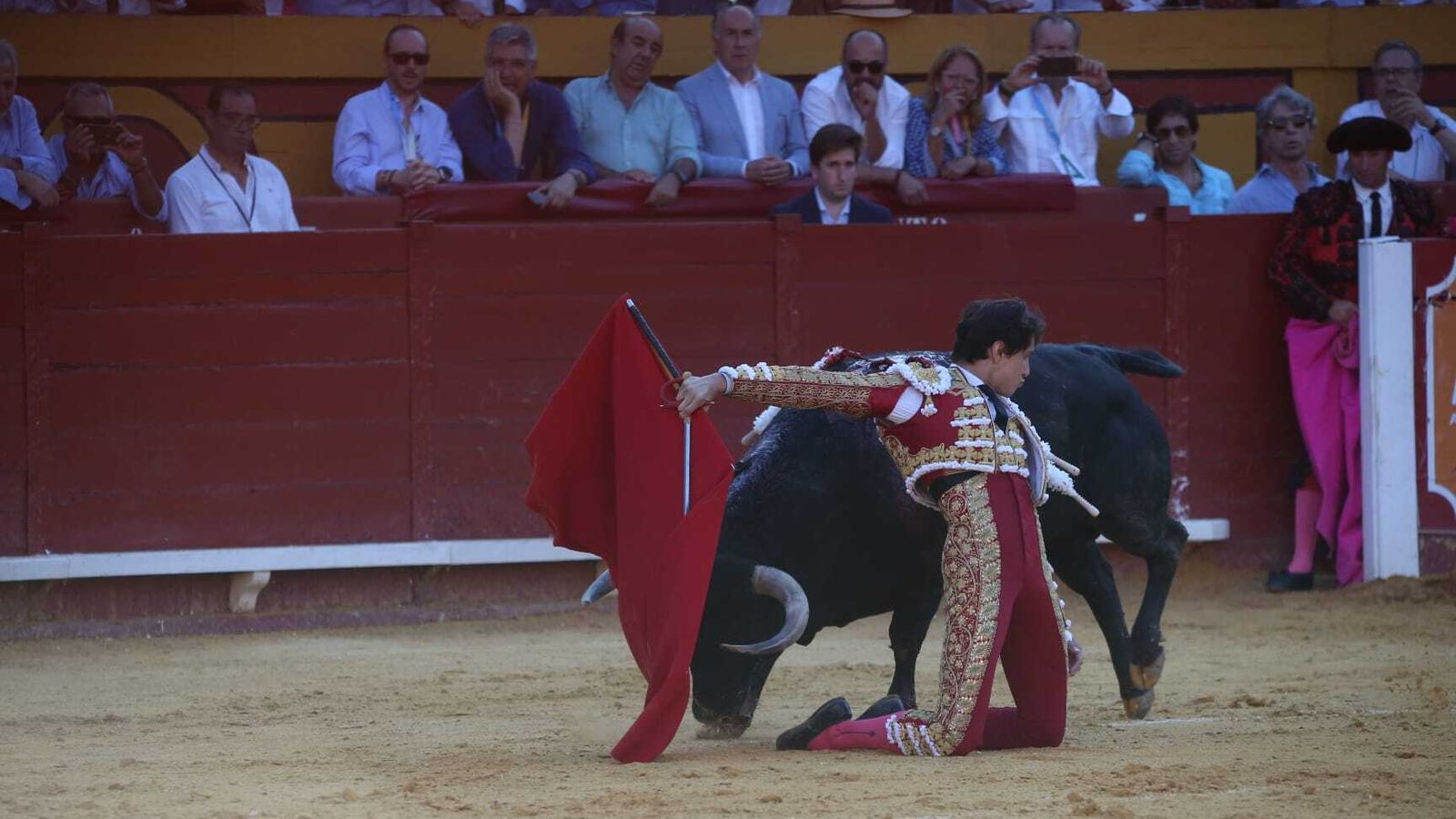 Roca Rey inicia su faena al segundo de rodillas.