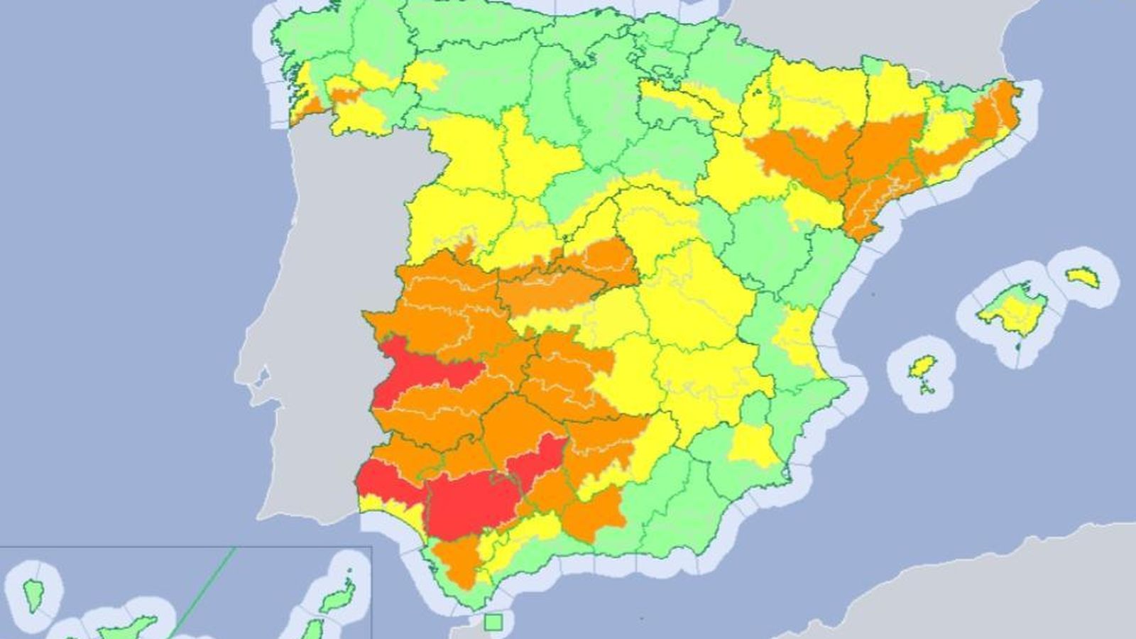 El mapa de España con los avisos por altas temperaturas previstas.