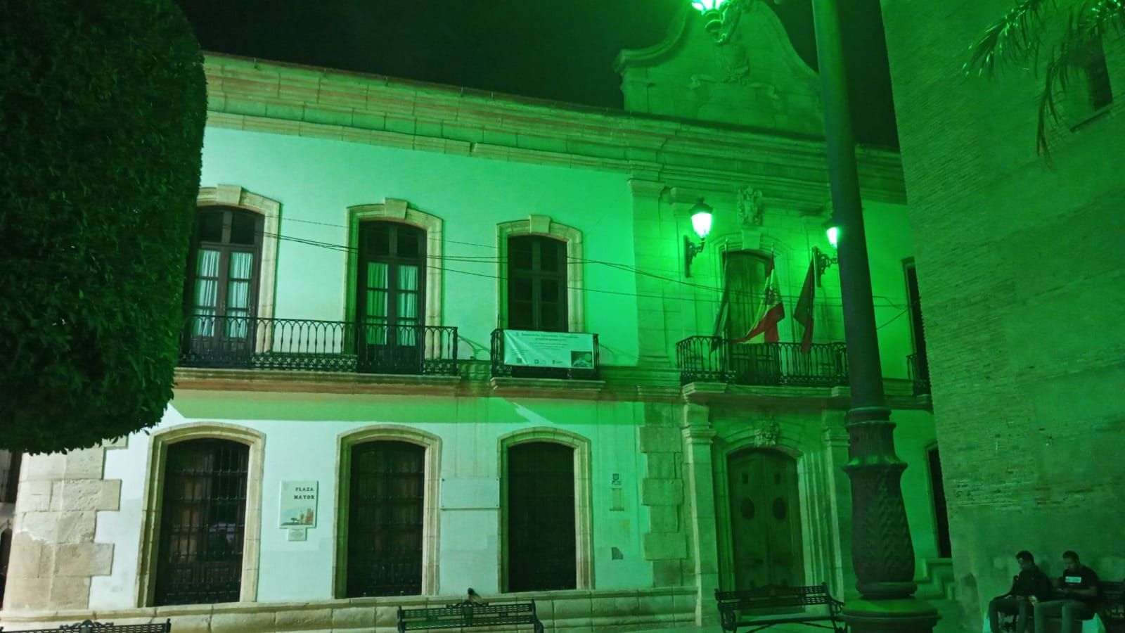 Fachada del Ayuntamiento iluminada de verde.