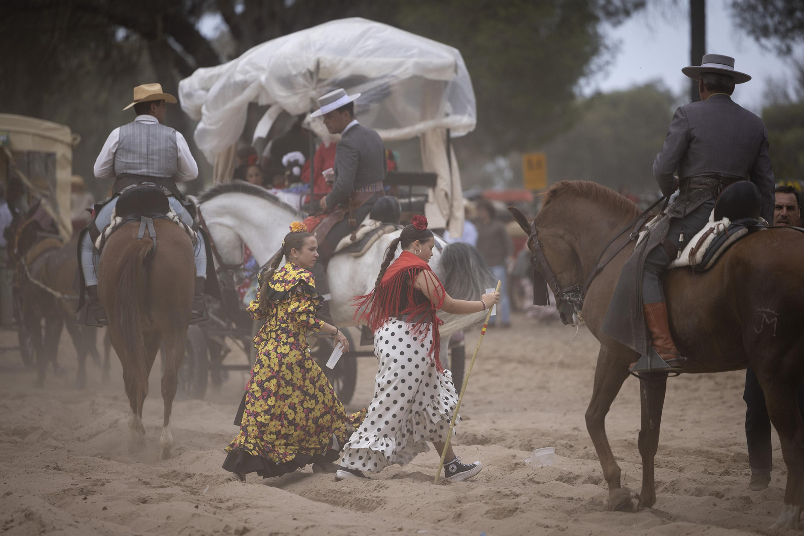 Peregrinos y caballos en la Raya Real durante la pasada romería del Rocío.