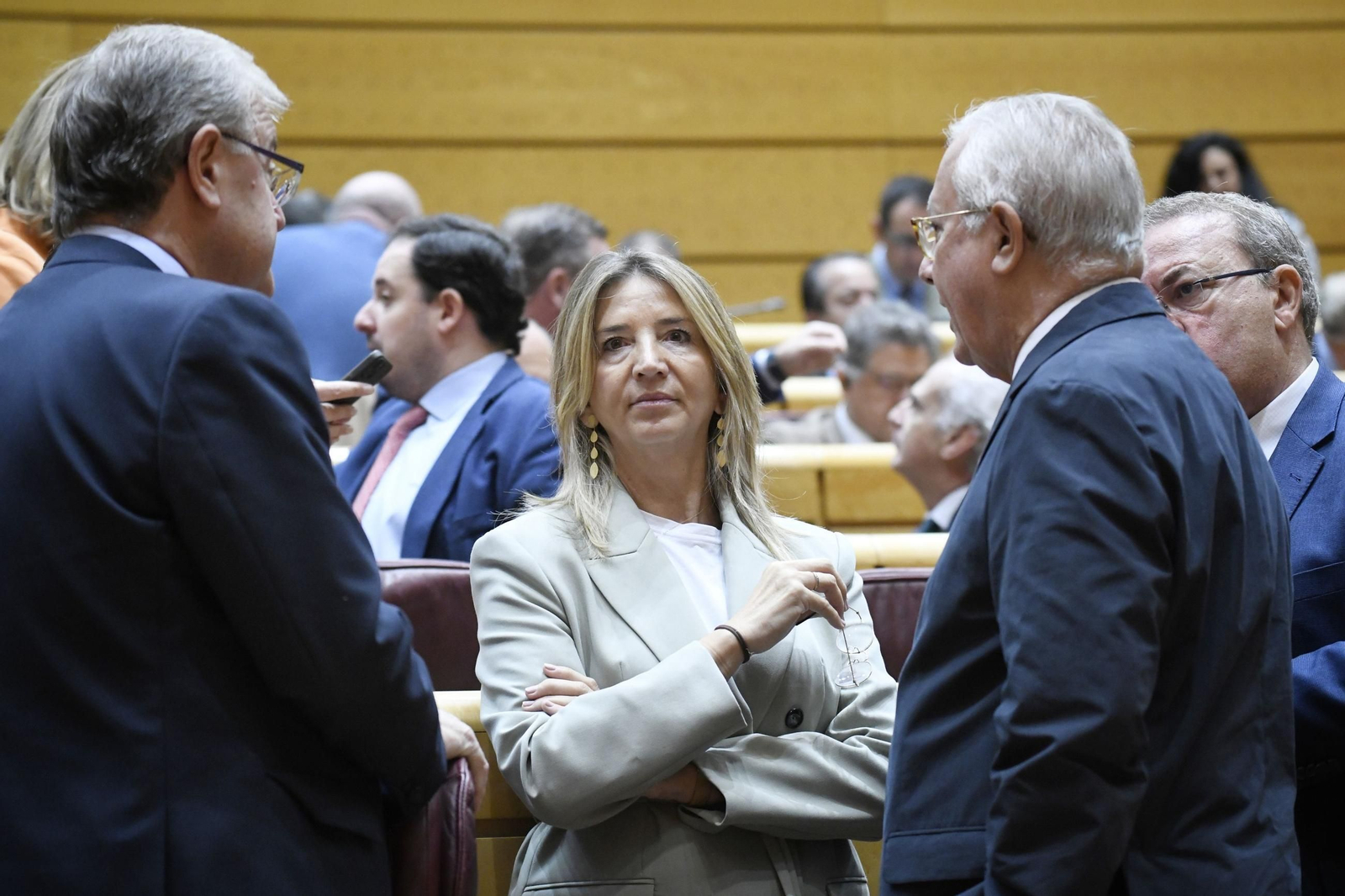 La senadora del PP Alicia García conversa con varios compañeros de partido en la Cámara Alta.