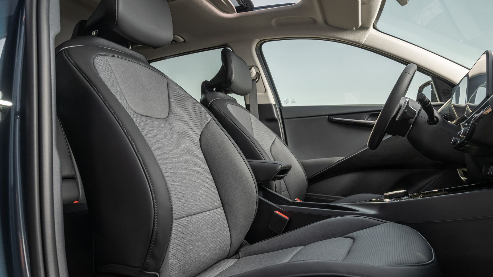 El revestimiento del techo está fabricado con papel pintado reciclado, los paneles de las puertas acabados con pintura ecológica y los asientos son de cuero vegano con una fibra producida a partir de la madera de los eucaliptos. El asiento del acompañante puede tener una función relax que sube la banqueta e inclina el respaldo con sólo pulsar un botón.