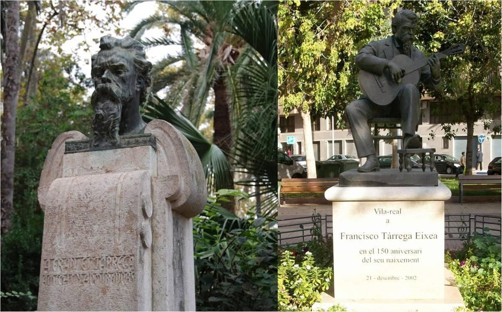 1. Busto y escultura en homenaje a Francisco Tárrega. Nació tal día como hoy pero del año 1852 en el pueblo castellonense de Villareal.  El cuerpo del músico descansa en Castellón, aunque tras su muerte fue enterrado en Barcelona.  2. Concierto de Francisco Tárrega. Imagen que se conserva en el Archivo municipal de Villarreal.  3. El periodista Gabriel Ruiz de Almodóvar tocó con Tárrega en  una velada que terminó con la célebre 'Serenata andaluza'.  4. 'Recuerdos de la Alhambra' por Narciso Yepes.