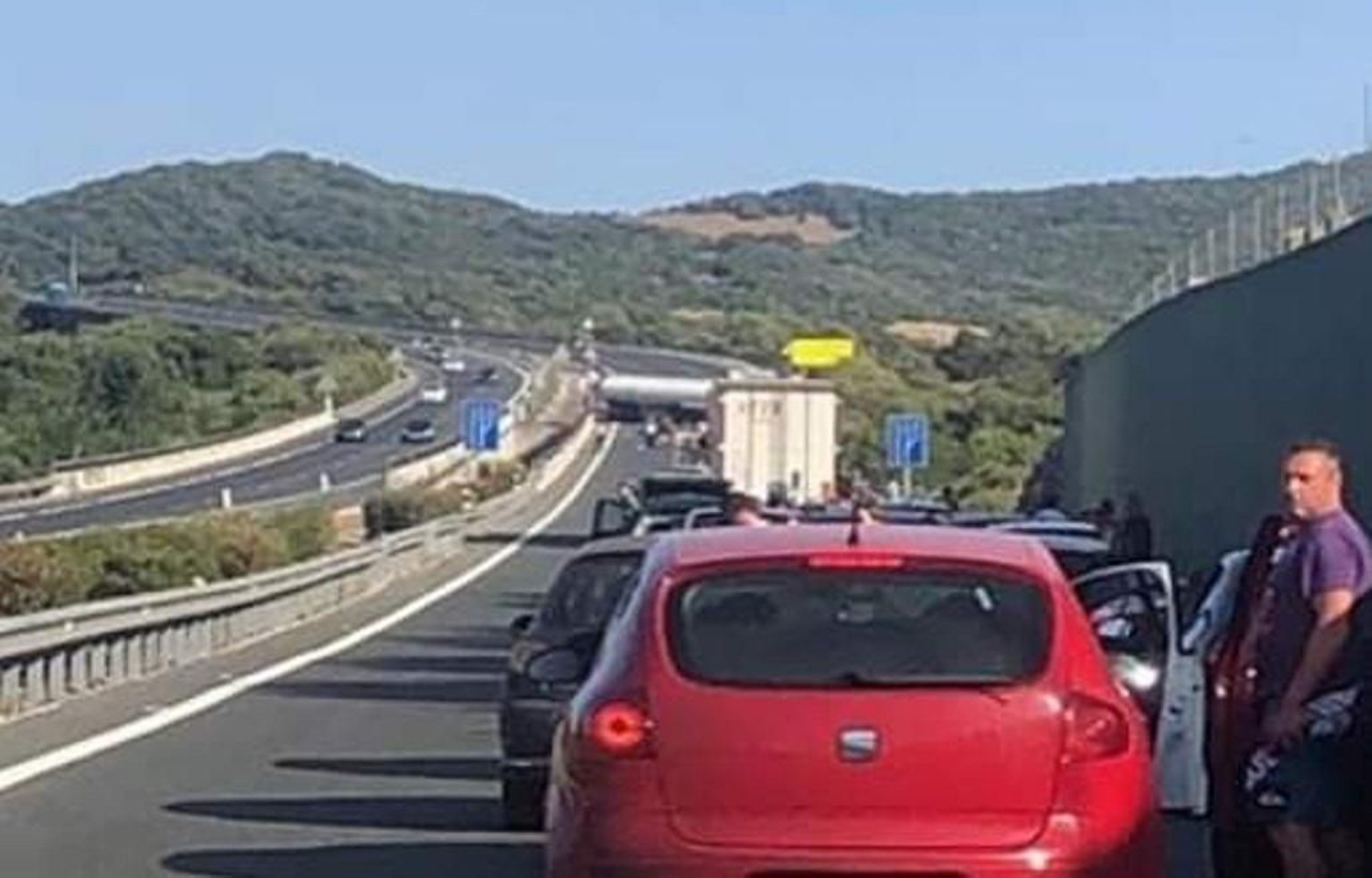 El camión atravesado y la hilera de vehículos en la A-381, este domingo.