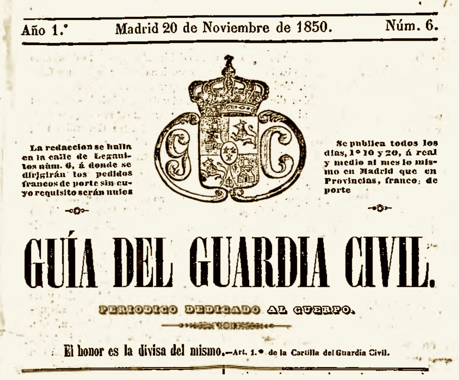 Cabecera del 'Guía del Guardia Civil' núm. 6, del 20 de noviembre de 1850. 